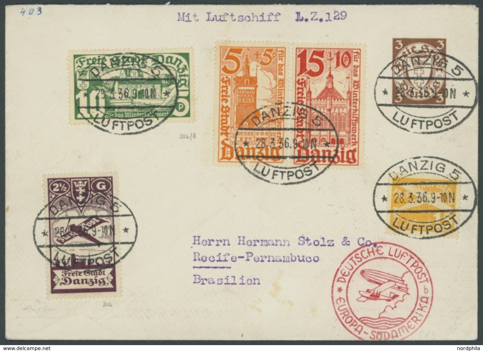 Danzig: 1936, 1. Südamerikafahrt, 3 Pf. Privatganzsachen-Umschlag (PU 1), Feinst -> Automatically Generated Translation: - Poste Aérienne & Zeppelin
