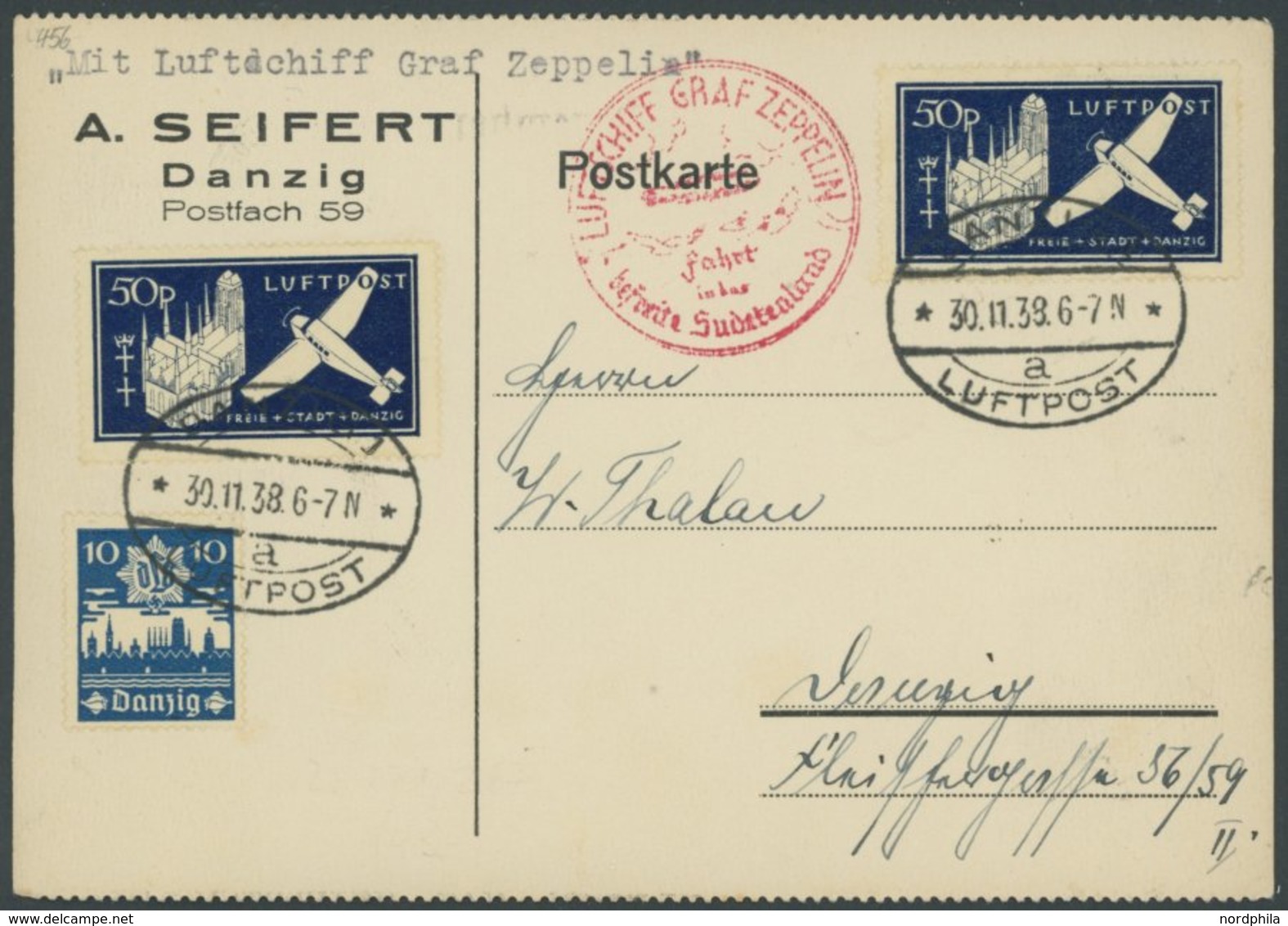 Danzig: 1938, Sudetenlandfahrt, Prachtkarte -> Automatically Generated Translation: Gdansk: 1938, "Sudetenland Travel",  - Poste Aérienne & Zeppelin