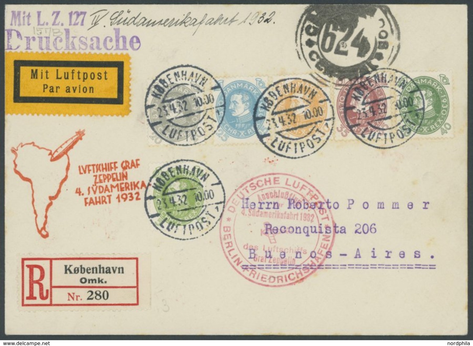 Dänemark: 1932, 4. Südamerikafahrt, Anschlußflug Ab Berlin, Einschreib-Drucksache, Pracht, Sieger Und Michel Unbekannt!  - Airmail & Zeppelin