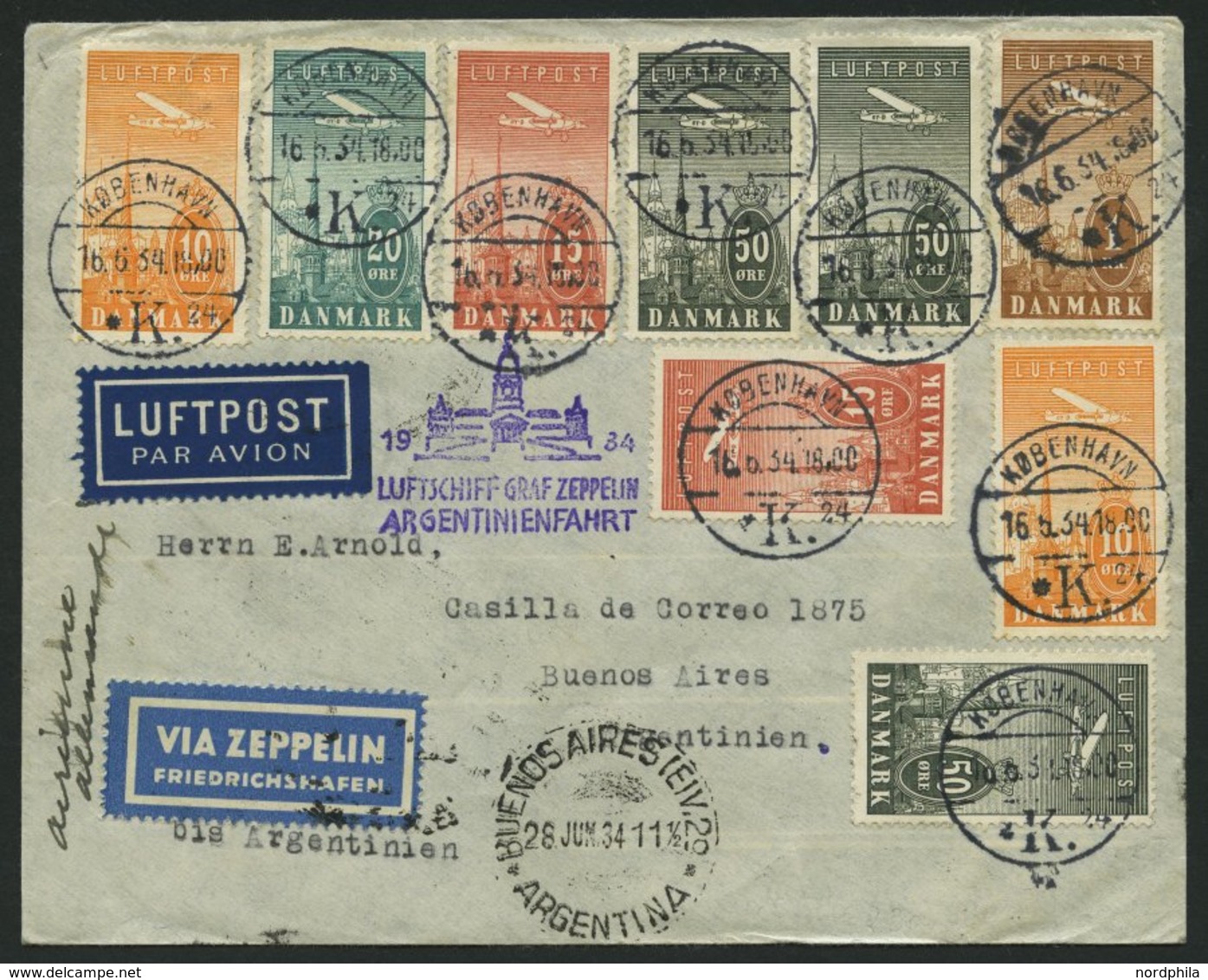 ZULEITUNGSPOST 254 BRIEF, Dänemark: 1934, 3. Südamerikafahrt, Prachtbrief - Poste Aérienne & Zeppelin