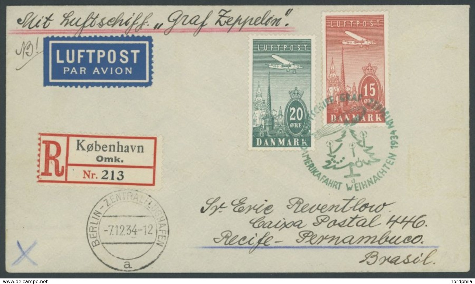 ZULEITUNGSPOST 286 BRIEF, Dänemark, 1934, Weihnachtsfahrt, Frankatur Nur Mit Sonderbestätigungsstempel D Entwertet, Eins - Airmail & Zeppelin