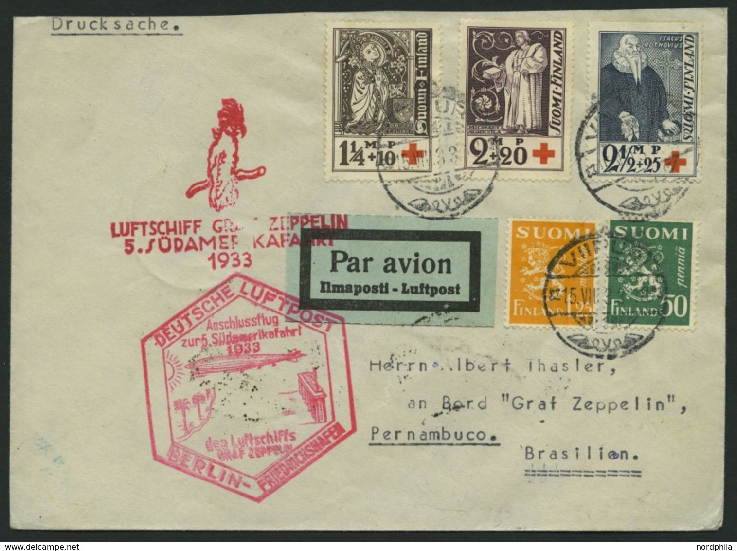 ZULEITUNGSPOST 226B BRIEF, Finnland: 1933, 6. Südamerikafahrt, Anschlussflug Ab Berlin, Drucksache, Prachtbrief - Poste Aérienne & Zeppelin