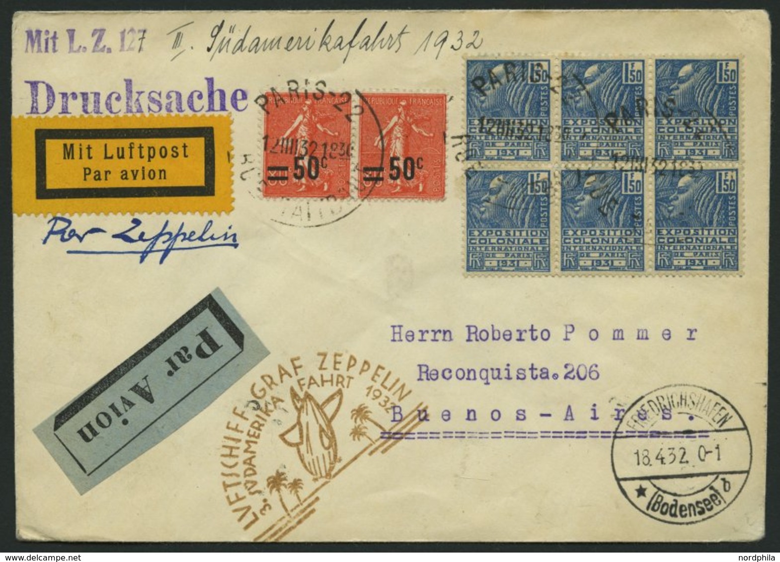ZULEITUNGSPOST 150 BRIEF, Frankreich: 1932, 3. Südamerikafahrt, Einschreib-Drucksache, Prachtbrief - Airmail & Zeppelin