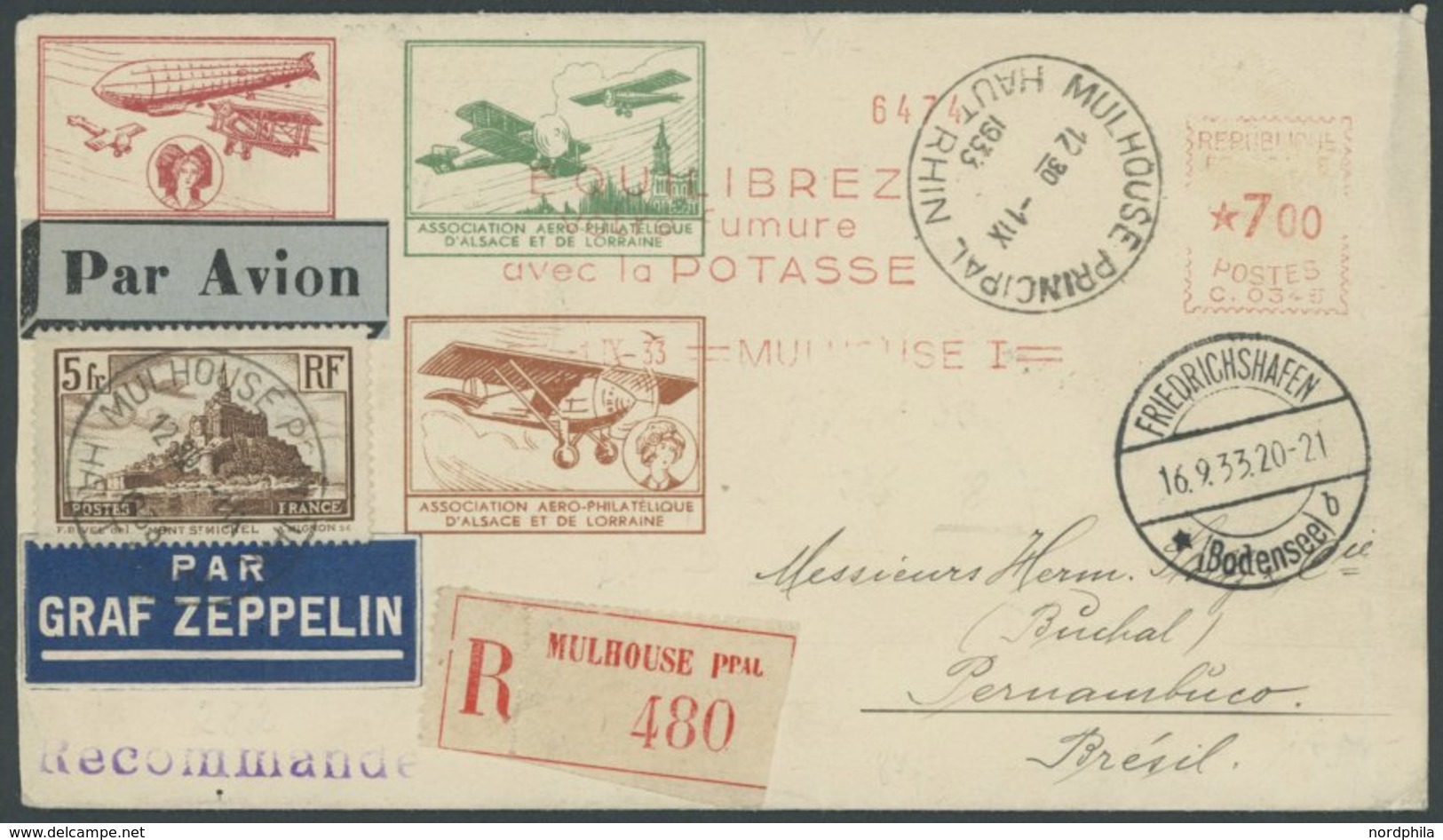 Frankreich: 1933, 7. Südamerikafahrt, Ganzsachenumschlag Mit Luftfahrtmotiven Und Zusatzfrankatur, Einschreibbrief Mit M - Airmail & Zeppelin