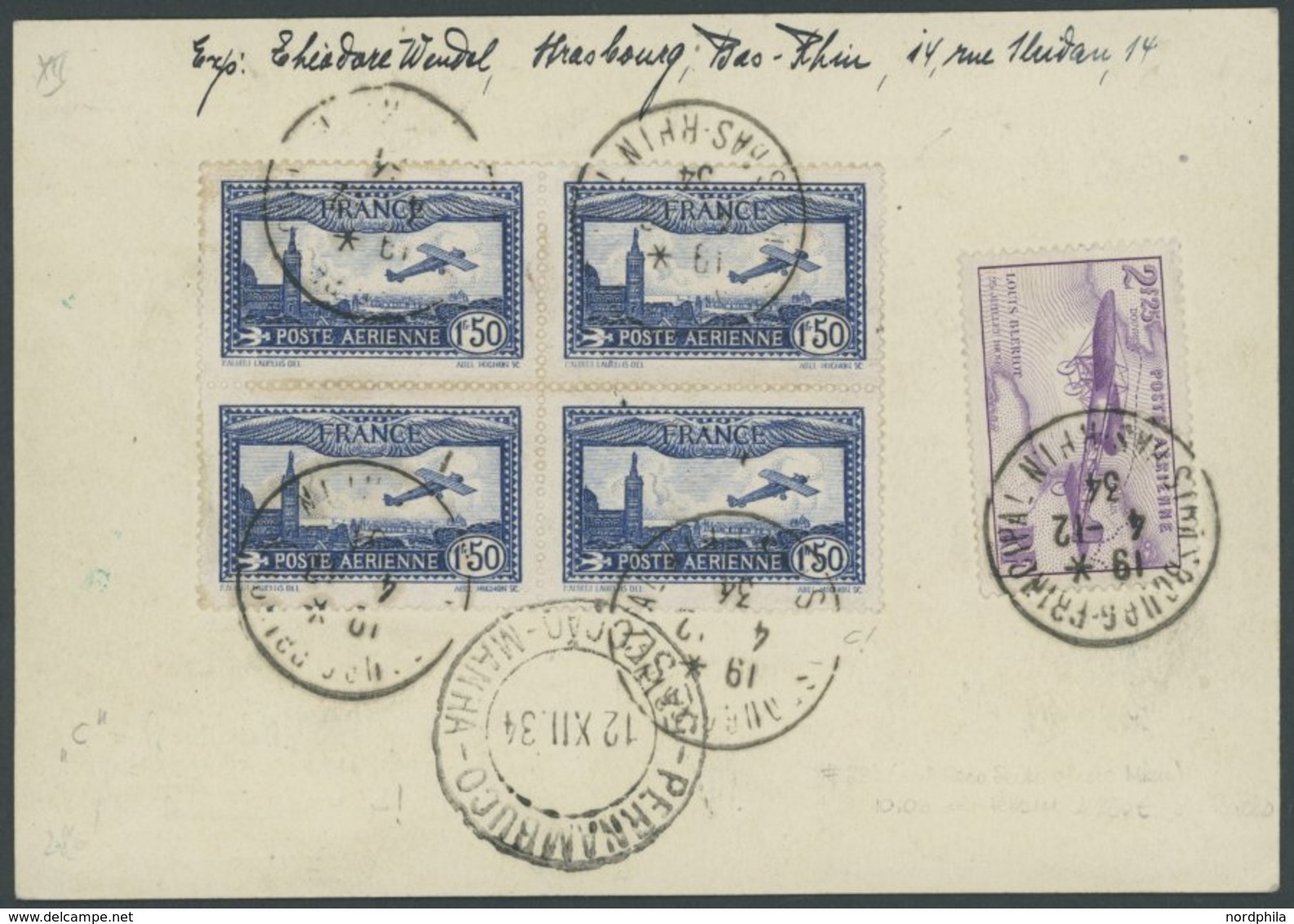 Frankreich: 1934, Weihnachtsfahrt, Anschlußflug Ab Stuttgart (c), Vorder- Und Rückseitige Frankatur, Einschreibkarte, Pr - Airmail & Zeppelin