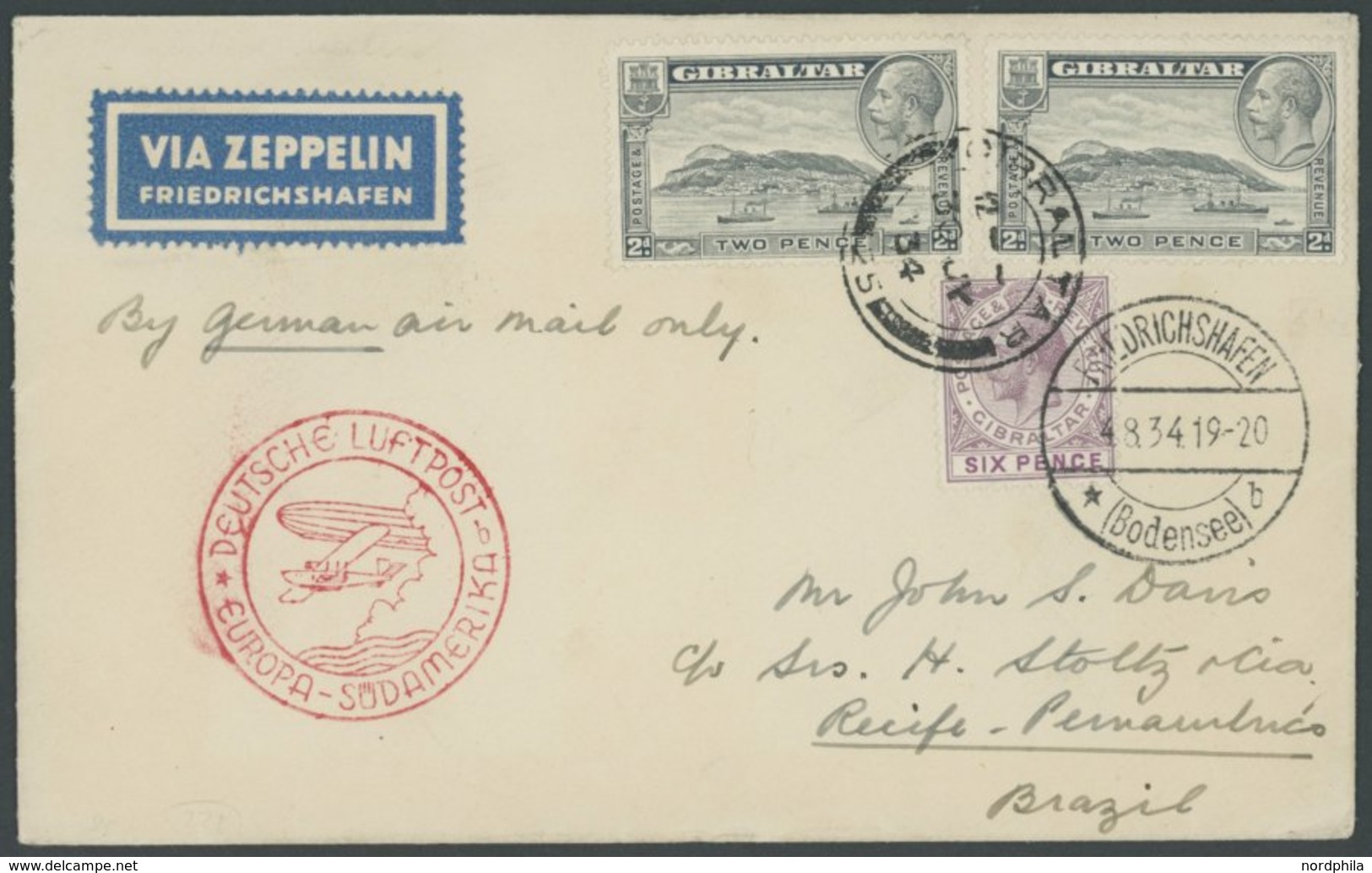 Gibraltar: 1934, 5. Südamerikafahrt, über Stuttgart - Friedrichshafen Nach Recife, Drucksache, Prachtbrief -> Automatica - Correo Aéreo & Zeppelin