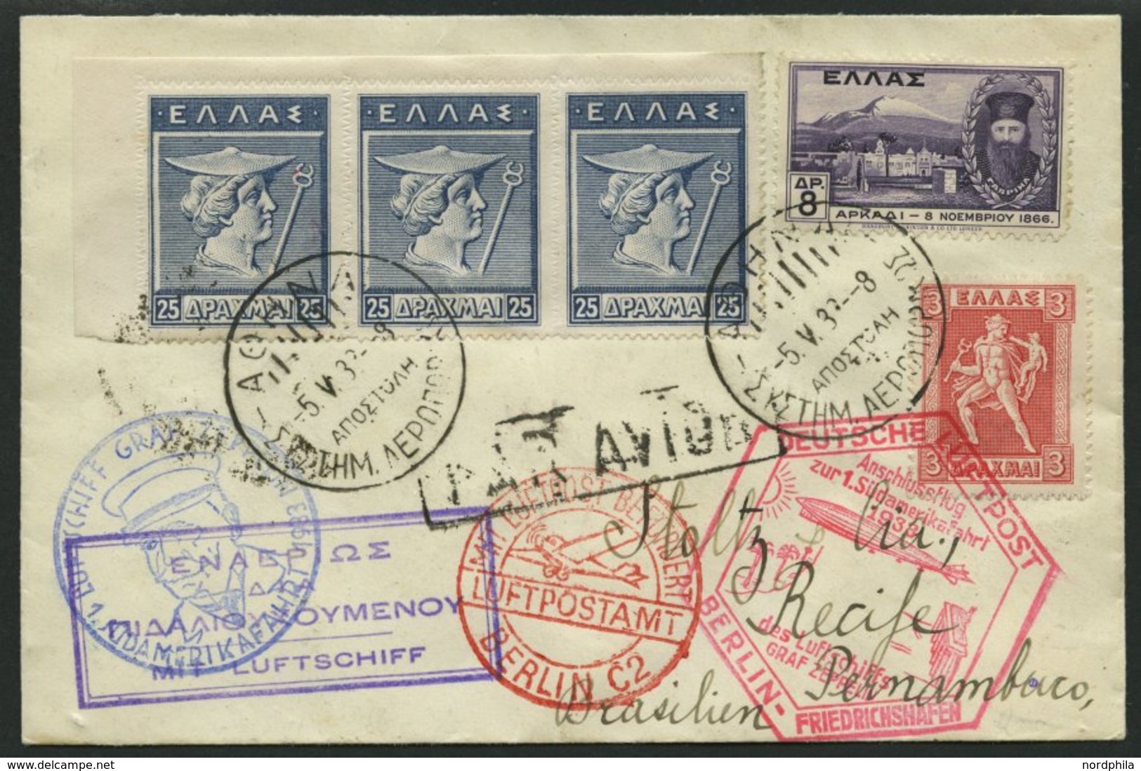 ZULEITUNGSPOST 202B BRIEF, Griechenland: 1933, 1. Südamerikafahrt, Anschlussflug Ab Berlin, Einschreibbrief (R-Zettel Rü - Poste Aérienne & Zeppelin
