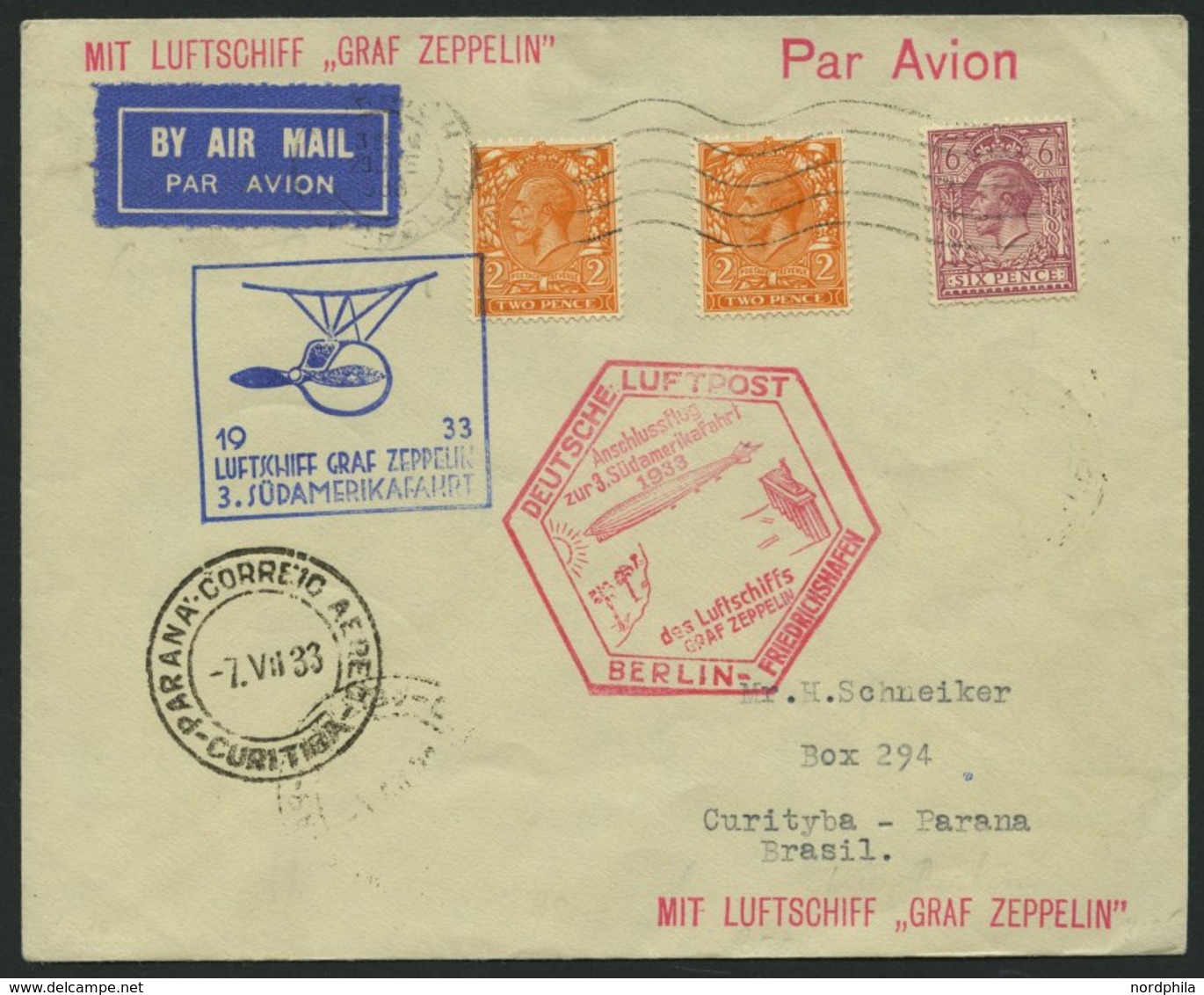 ZULEITUNGSPOST 219B BRIEF, Großbritannien: 1933, 3. Südamerikafahrt, Anschlußflug Ab Berlin, Prachtbrief - Airmail & Zeppelin