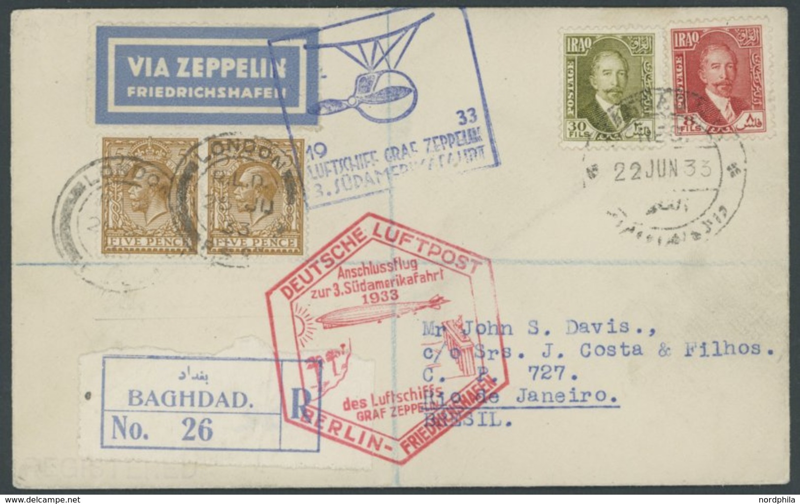 Irak: 1933, 3. Südamerikafahrt, Anschlussflug Ab Berlin, Einschreibbrief Von Bagdad Nach London, Mit Britischer Zusatzfr - Airmail & Zeppelin