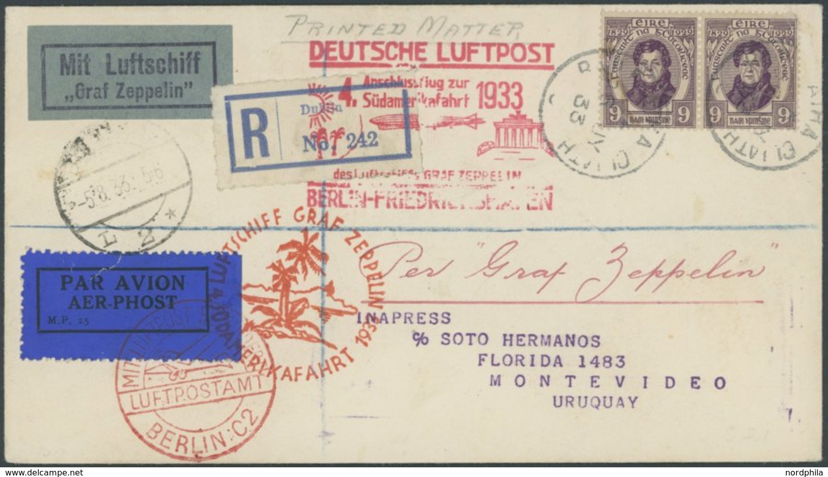 Irland: 1933, 4. Südamerikafahrt, Anschlußflug Ab Berlin, Einschreib-Drucksache Nach Uruguay Mit Rückseitigem Brasiliani - Airmail & Zeppelin