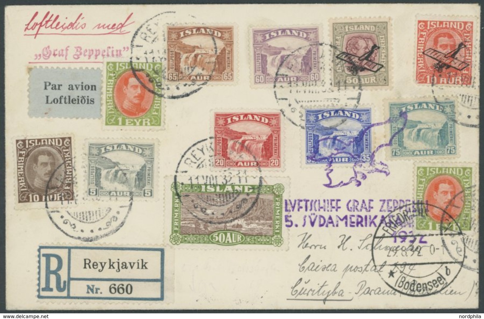 Island: 1932, 5. Südamerikafahrt, Einschreibbrief Mit 12 Marken-Frankatur über Schweden - Sassnitz - Berlin - Friedrichs - Airmail & Zeppelin