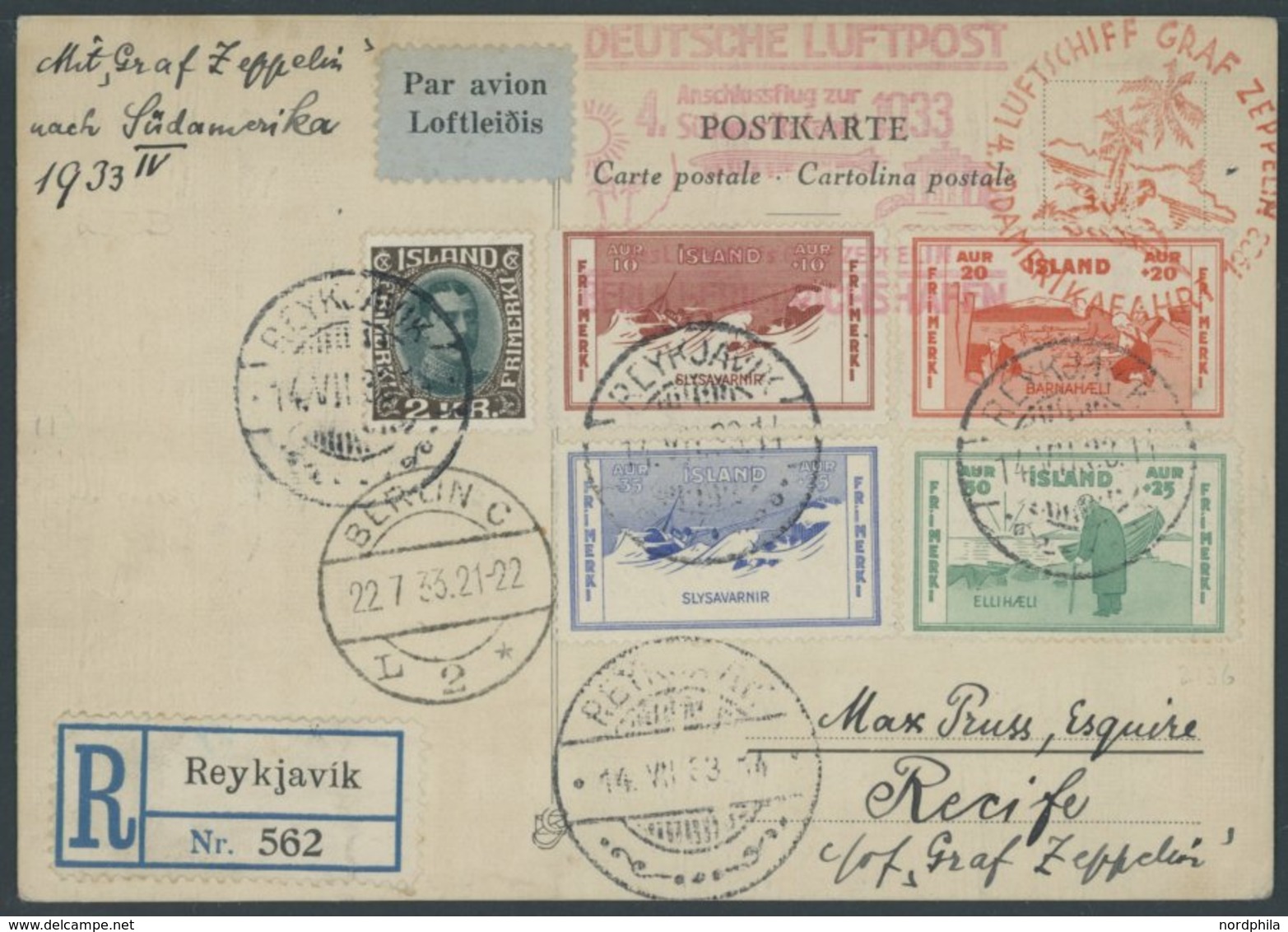 Island: 1933, 4. Südamerikafahrt, Anschlußflug Ab Berlin, Frankiert U.a. Mit Mi.Nr. 168-71, Einschreibkarte, Pracht -> A - Poste Aérienne & Zeppelin