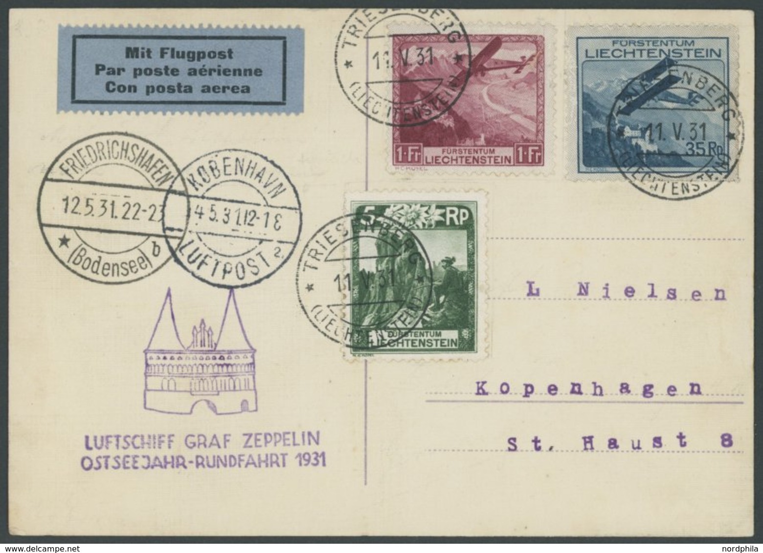 Liechtenstein: 1931, Ostseejahr-Rundfahrt, Abwurf Kopenhagen, Frankiert U.a. Mit Mi.Nr. 113 Mit Plattenfehler Abgeschräg - Poste Aérienne & Zeppelin