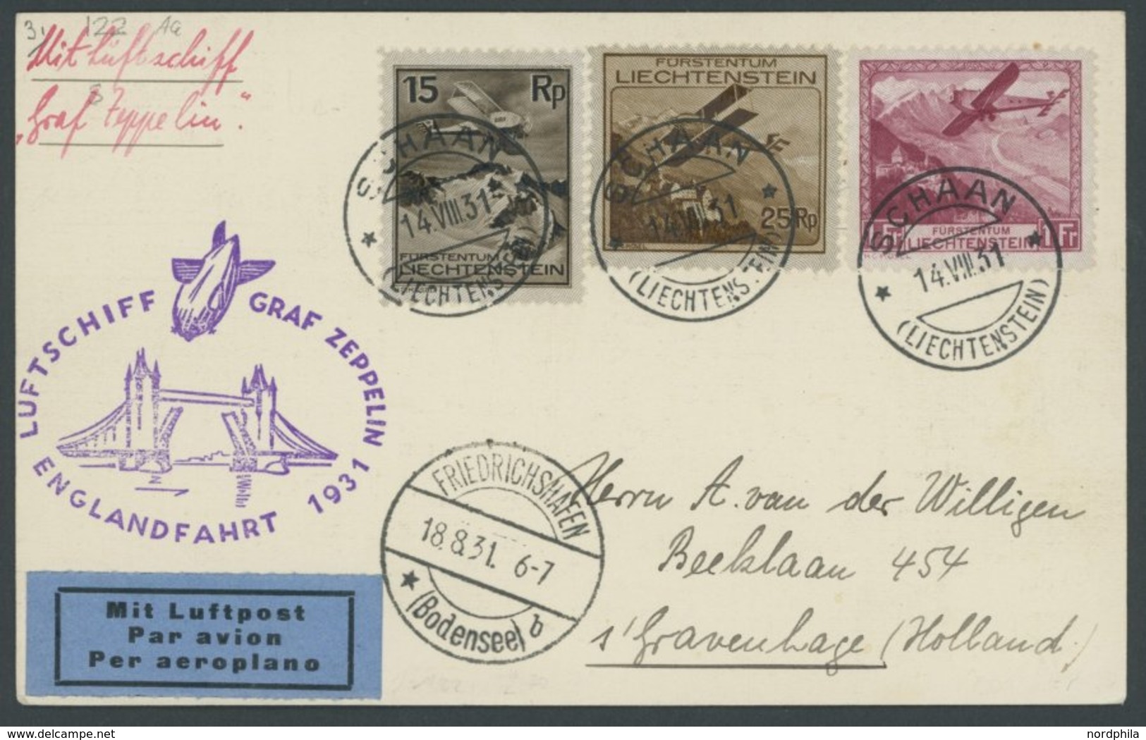 ZULEITUNGSPOST 122Aa BRIEF, Liechtenstein: 1931, Englandfahrt, Prachtkarte - Poste Aérienne & Zeppelin