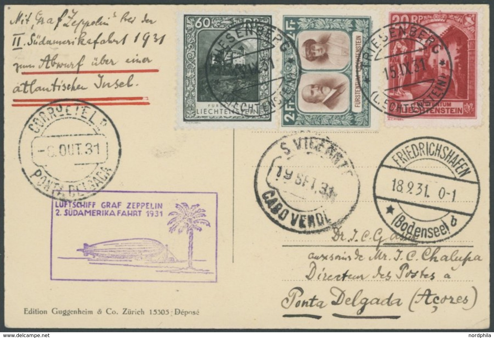 ZULEITUNGSPOST 129Aa BRIEF, Liechtenstein: 1931, 2. Südamerikafahrt, Abwurf Sao Vicente, Frankiert U.a. Mit Mi.Nr. 107A, - Poste Aérienne & Zeppelin