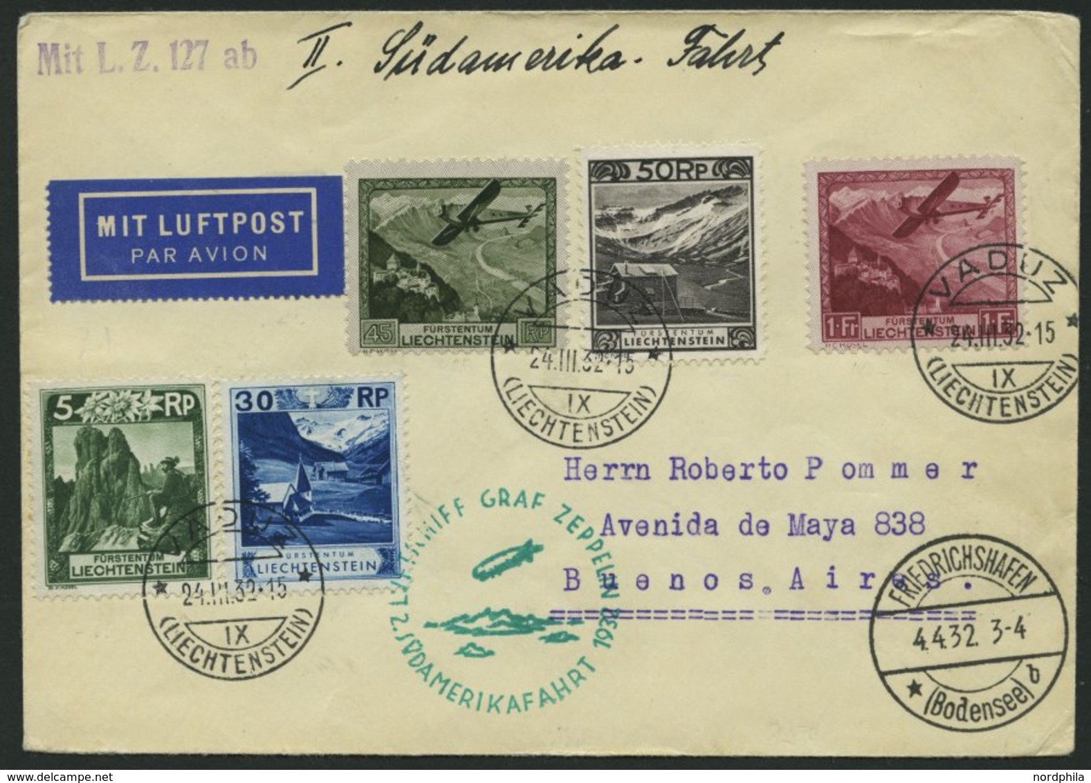 ZULEITUNGSPOST 143 BRIEF, Liechtenstein: 1932, 2. Südamerikafahrt, Prachtbrief - Poste Aérienne & Zeppelin