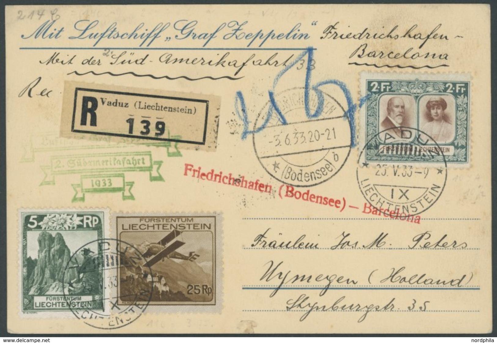Liechtenstein: 1933, 2. Südamerikafahrt, Abwurf, Barcelona, Einschreibkarte, Frankiert Mit Mi.Nr. 107A, Pracht -> Automa - Poste Aérienne & Zeppelin