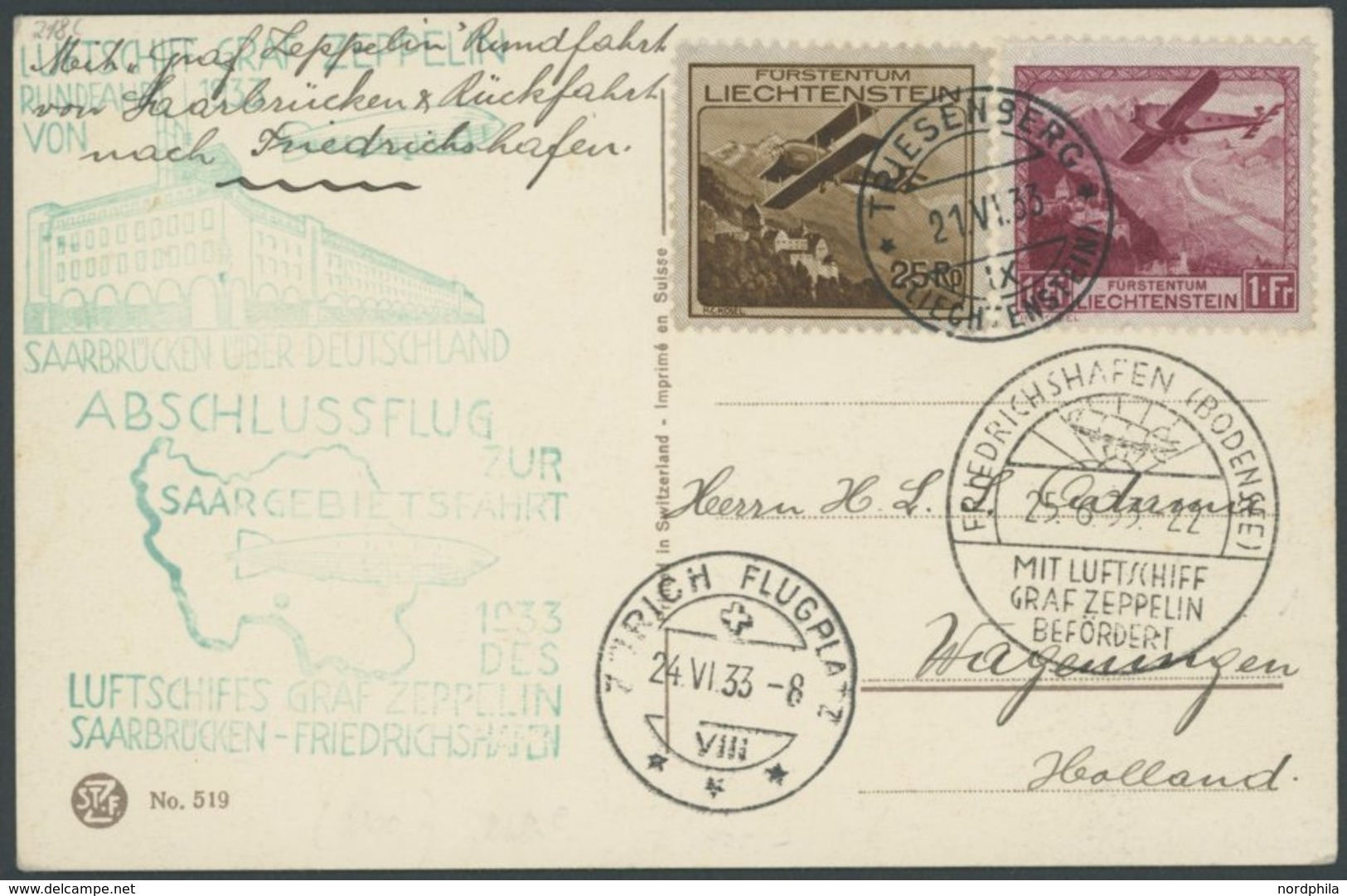 ZULEITUNGSPOST 218C BRIEF, Liechtenstein: 1933, Saargebietsfahrt, Beide Stempel Auf Prachtkarte Mit Mi.Nr. 110 Und 113 - Poste Aérienne & Zeppelin