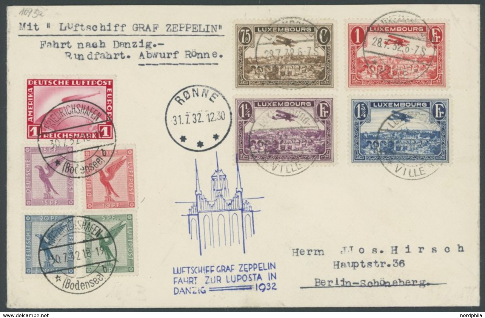 Luxemburg: 1932, LUPOSTA-Fahrt, Abwurf Rönne, Frankiert Mit Flugpostmarken Und Deutscher Zusatzfrankatur, Prachtbrief, S - Poste Aérienne & Zeppelin