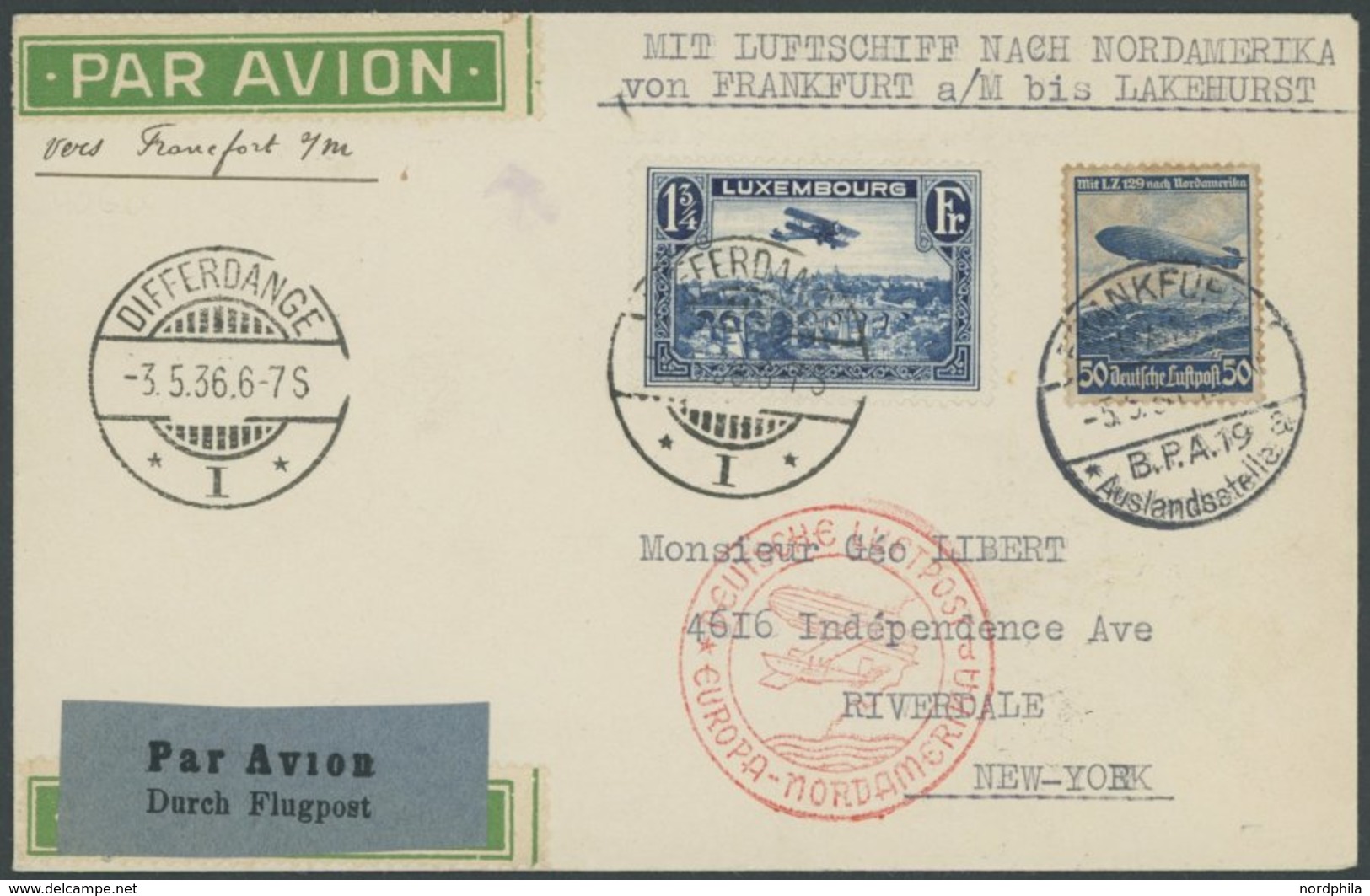 Luxemburg: 1936, 1. Nordamerikafahrt, Auflieferung Frankfurt (d), Aufgabe DIFFERDANGE, Mit Deutscher Zusatzfrankatur, Pr - Poste Aérienne & Zeppelin