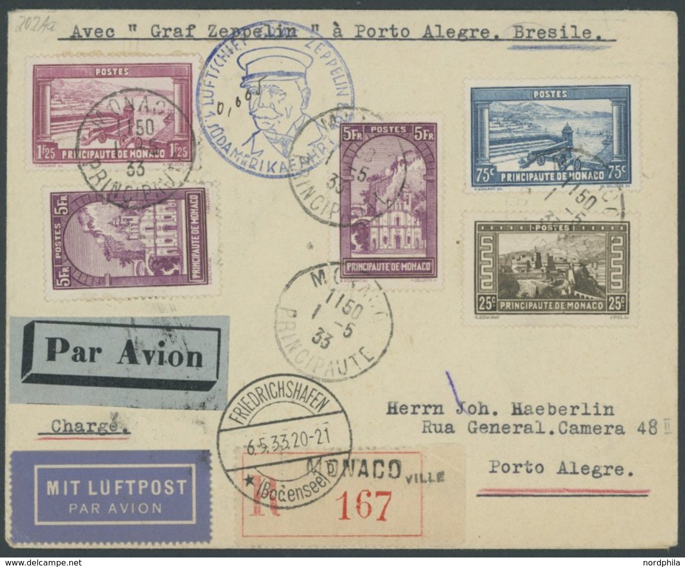 Monaco: 1933, 1. Südamerikafahrt, Einschreibbrief, Pracht -> Automatically Generated Translation: Monaco: 1933, "1. Sout - Poste Aérienne & Zeppelin