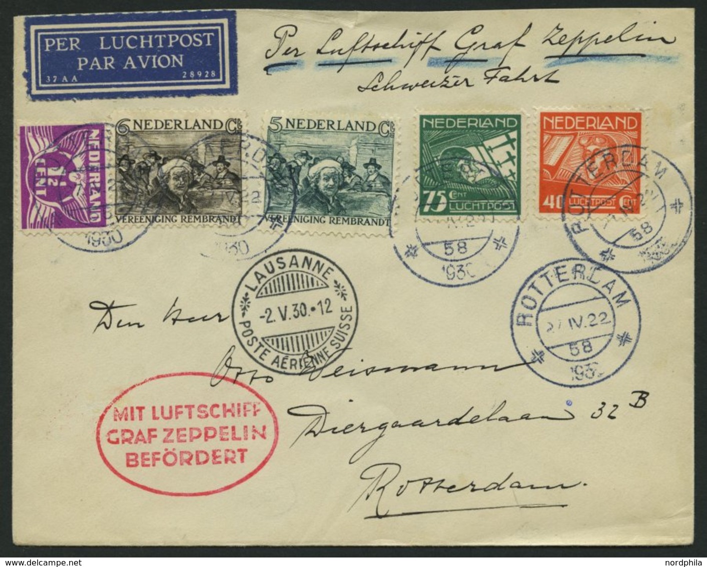 ZULEITUNGSPOST 56 BRIEF, Niederlande: 1930, 2. Schweizfahrt, Prachtbrief - Poste Aérienne & Zeppelin