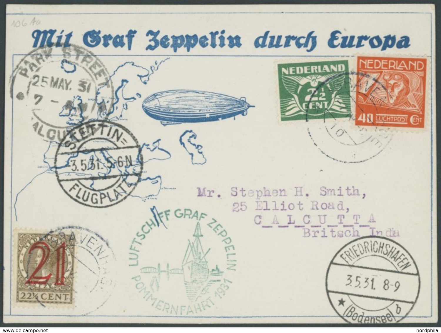 Niederlande: 1931, Pommernfahrt, Nach Stettin, Signiert Stephan Smith (indischer Raketen Und Raumfahrtpionier), Prachtka - Poste Aérienne & Zeppelin