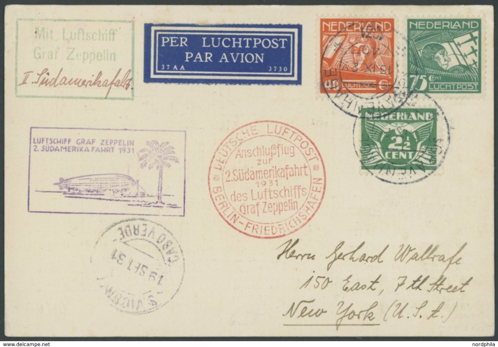 Niederlande: 1931, 2. Südamerikafahrt, Anschlußflug Ab Berlin Bis S. Vicente, Prachtkarte -> Automatically Generated Tra - Correo Aéreo & Zeppelin