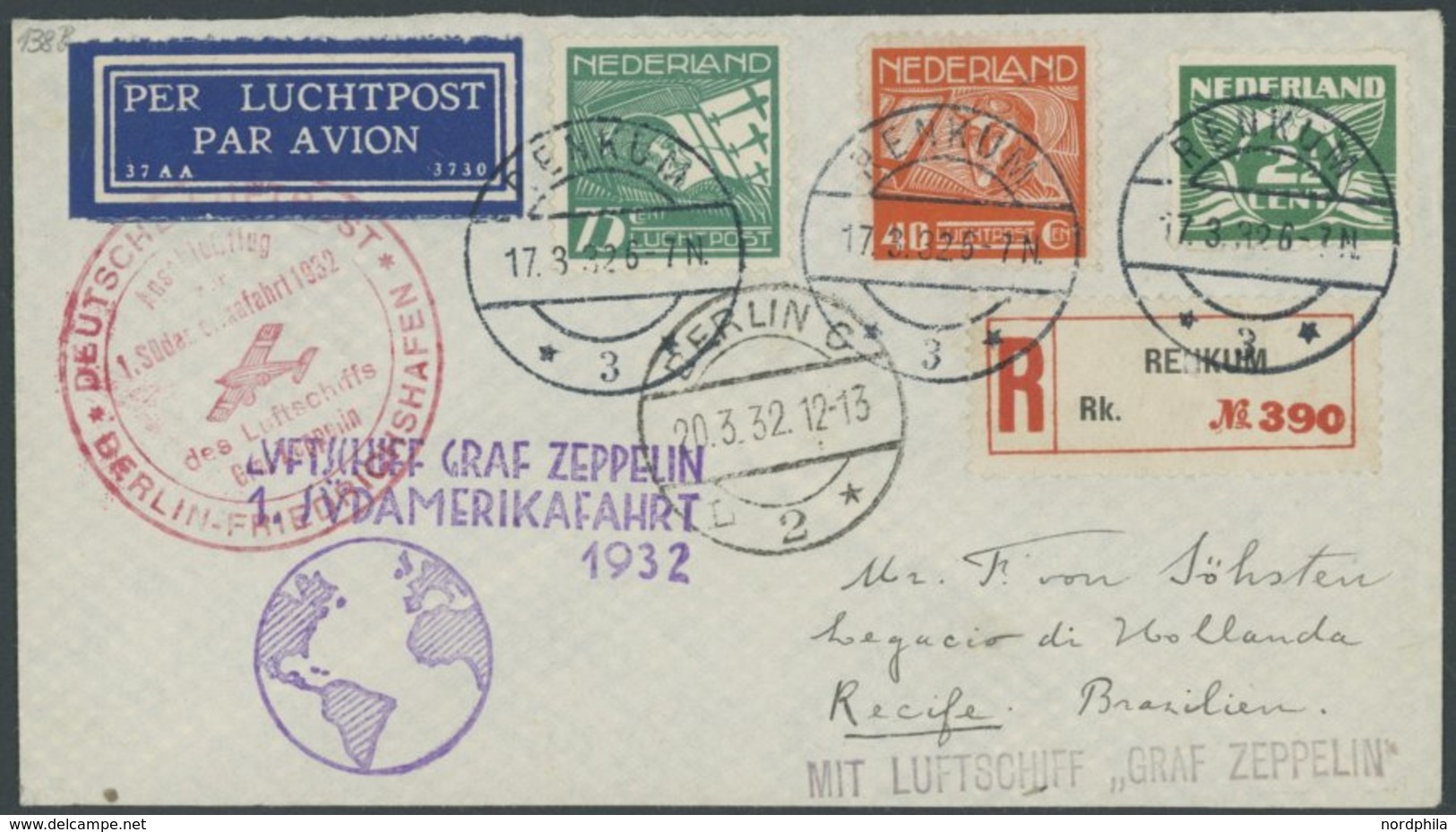 Niederlande: 1932, 1. Südamerikafahrt, Anschlußflug Ab Berlin, Einschreibbrief, Pracht -> Automatically Generated Transl - Poste Aérienne & Zeppelin