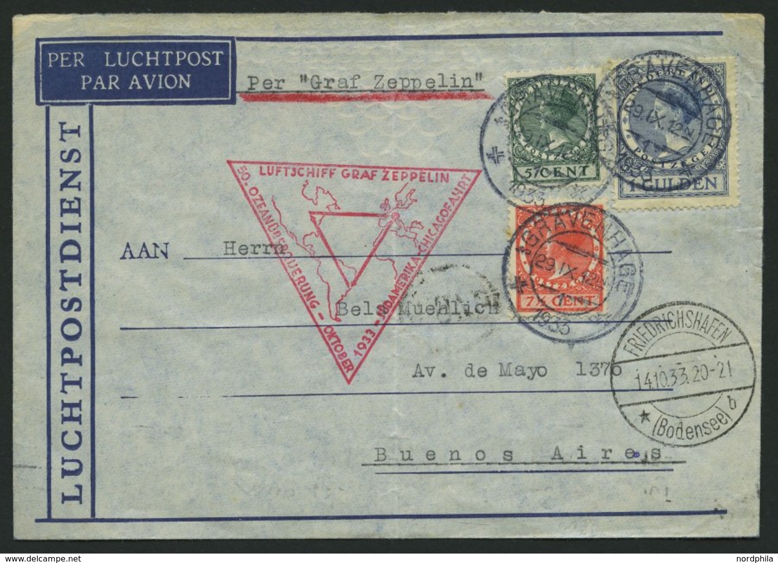 ZULEITUNGSPOST 238 BRIEF, Niederlande: 1933, Chicagofahrt, Bis Rio De Janeiro, Bedarfsbrief, Senkrecht Gefaltet, Pracht - Poste Aérienne & Zeppelin