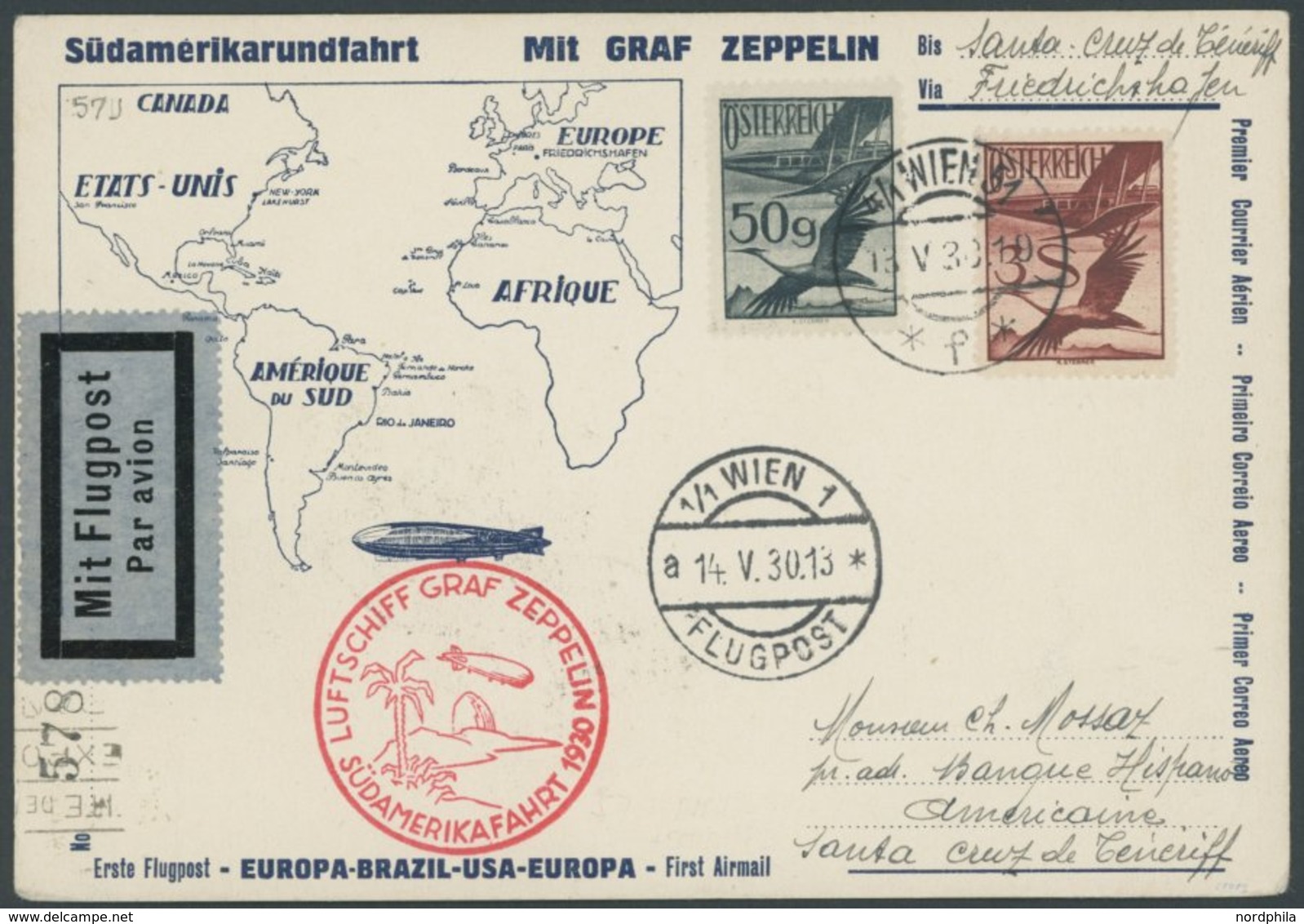 Österreich: 1930, Südamerikafahrt, Bis Praia, Frankiert U.a. Mit Mi.Nr. 485, Prachtkarte -> Automatically Generated Tran - Poste Aérienne & Zeppelin