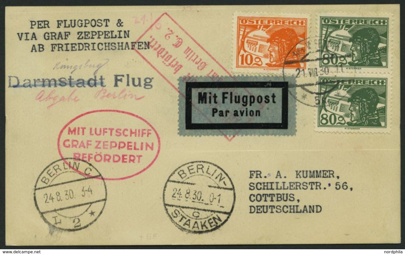 ZULEITUNGSPOST 80 BRIEF, Österreich: 1930, Ostpreußenfahrt, Bis Berlin-Staaken, Prachtkarte - Poste Aérienne & Zeppelin