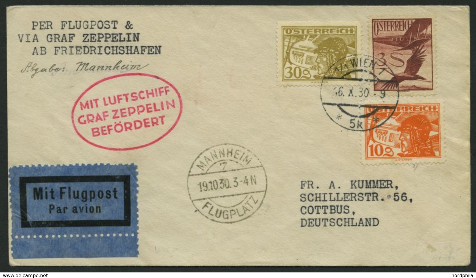 ZULEITUNGSPOST 96 BRIEF, Österreich: 1930, Fahrt Nach Mannheim, Prachtbrief - Poste Aérienne & Zeppelin