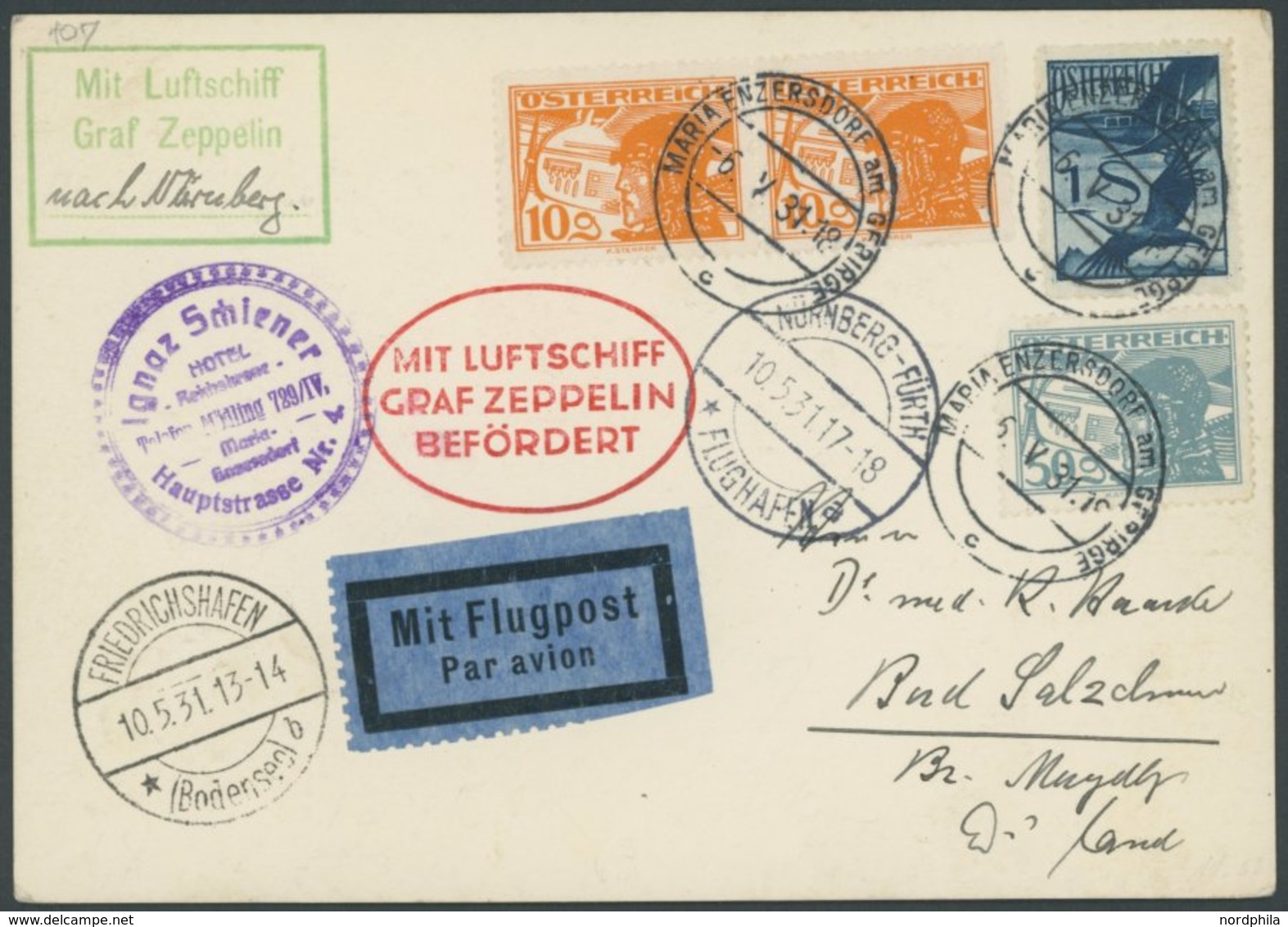 Österreich: 1931, Fahrt Nach Nürnberg, Aufgabeort MARIA ENZERSDORF Am GEBIRGE, Prachtkarte, Nur 80 Belege Befördert! ->  - Correo Aéreo & Zeppelin