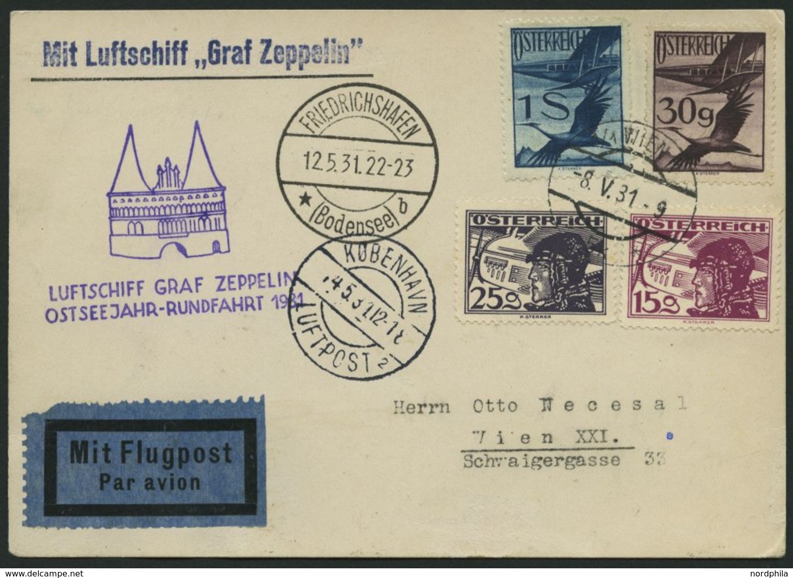 ZULEITUNGSPOST 108 BRIEF, Österreich: 1931, Ostseejahr-Rundfahrt, Bis Kopenhagen, Prachtkarte - Poste Aérienne & Zeppelin