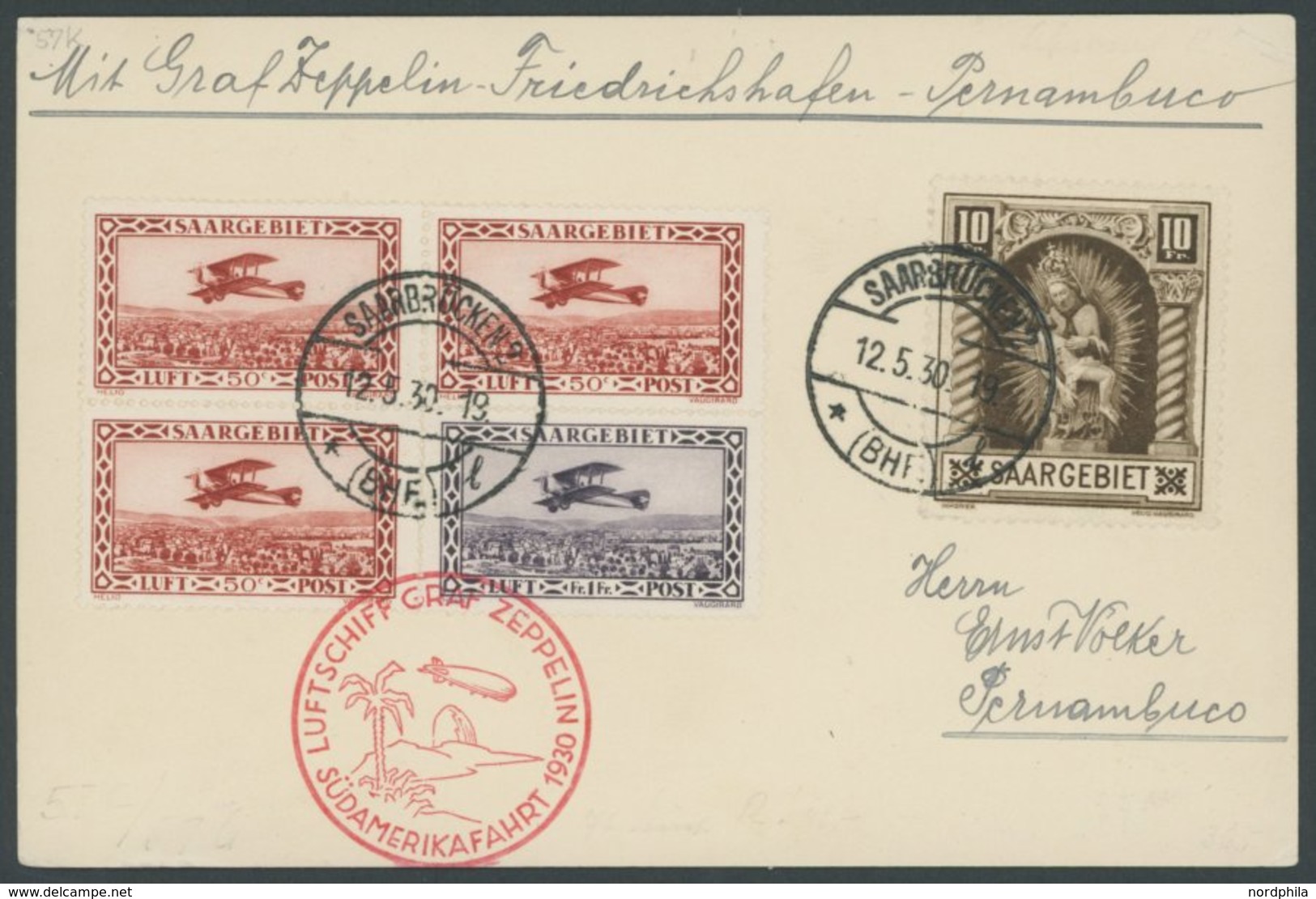 Saargebiet: 1930, Südamerikafahrt, Bis Pernambuco, Frankiert U.a. Mit Mi.Nr. 103, Prachtkarte -> Automatically Generated - Poste Aérienne & Zeppelin