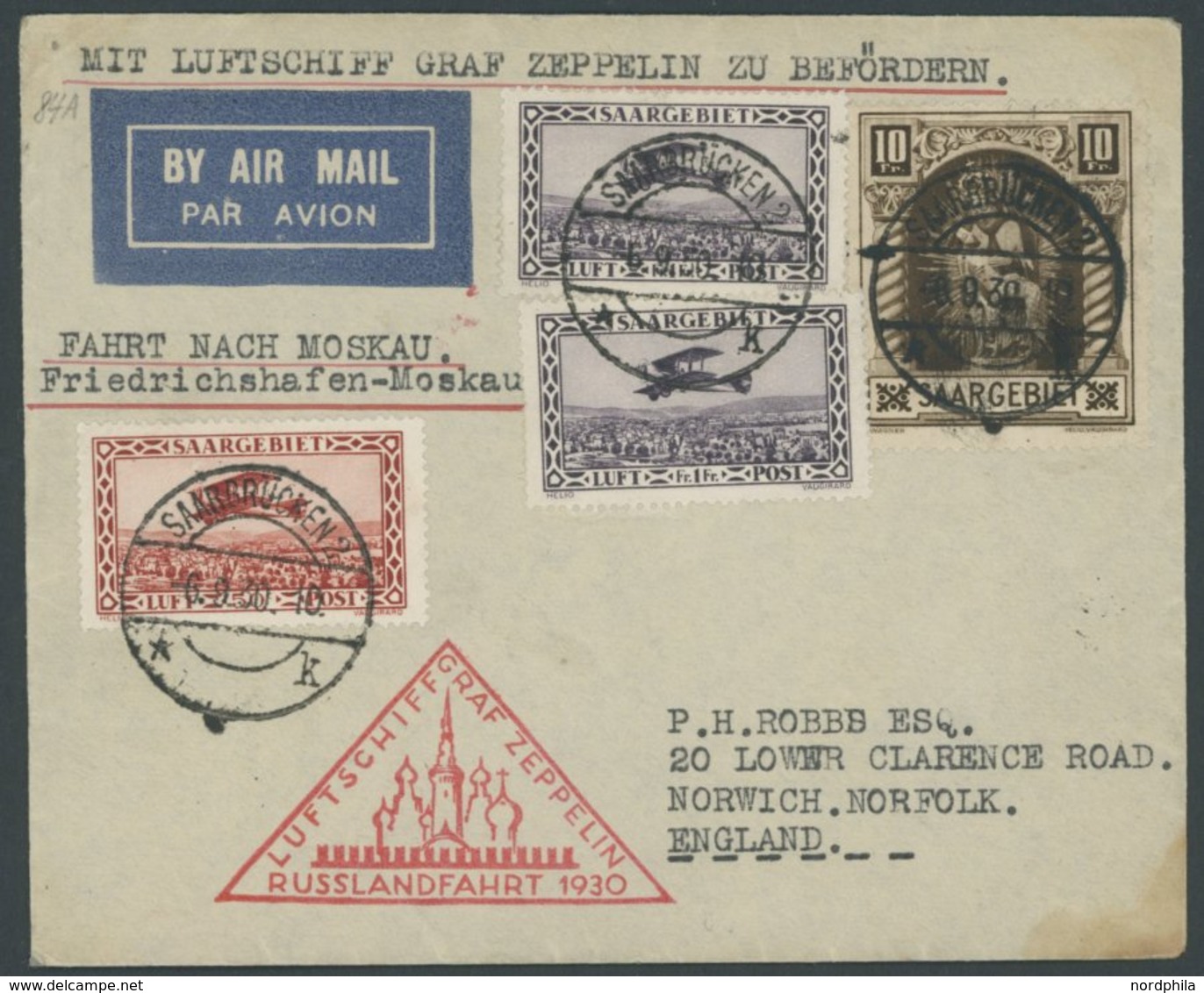 Saargebiet: 1930, Russlandfahrt, Nach England, Frankiert U.a. Mit Mi.Nr. 103, Brief Feinst -> Automatically Generated Tr - Poste Aérienne & Zeppelin