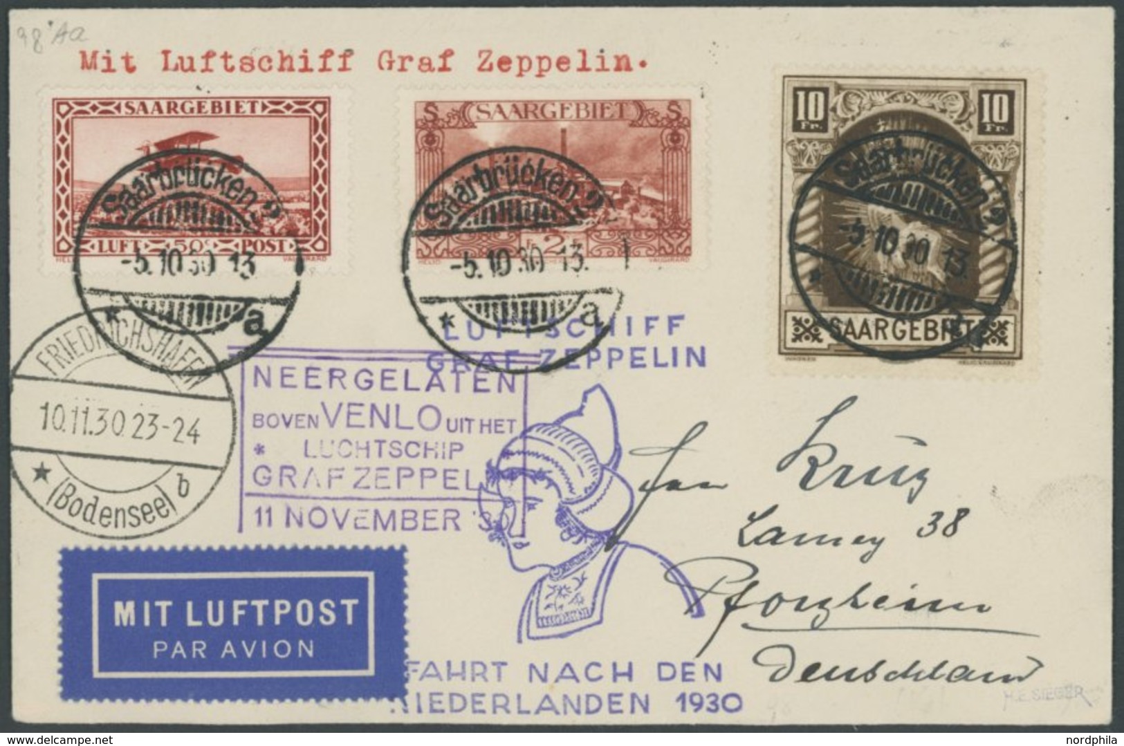 Saargebiet: 1930, Fahrt In Die Niederlande, Abwurf Venlo, Violetter Sonderankunftsstempel, Frankiert U.a. Mit Mi.Nr. 103 - Poste Aérienne & Zeppelin