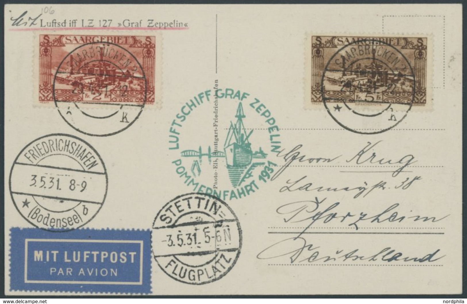 Saargebiet: 1931, Pommernfahrt, Nach Stettin, Frankiert Mit Mi.Nr. 119 Und 121, Prachtkarte, Nur 45 Karten Befördert! -> - Poste Aérienne & Zeppelin