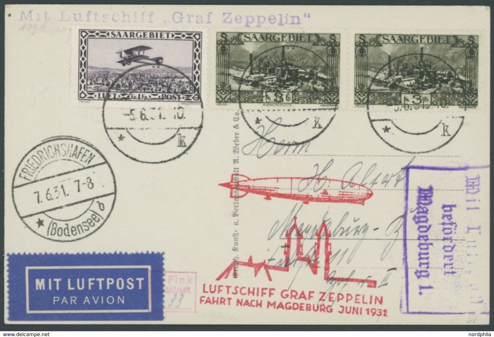 Saargebiet: 1931, Fahrt Nach Magdeburg, Prachtkarte -> Automatically Generated Translation: Saar Region: 1931, "trip To  - Poste Aérienne & Zeppelin