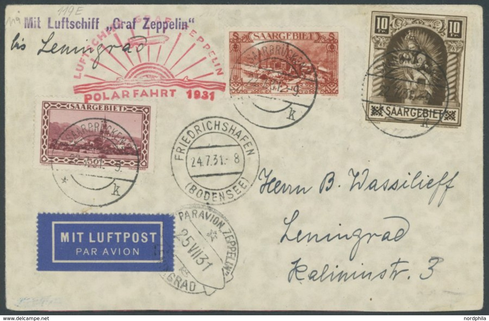 Saargebiet: 1931, Polarfahrt, Bis Leningrad, U.a. Frankiert Mit Mi.Nr. 103, Prachtbrief -> Automatically Generated Trans - Poste Aérienne & Zeppelin