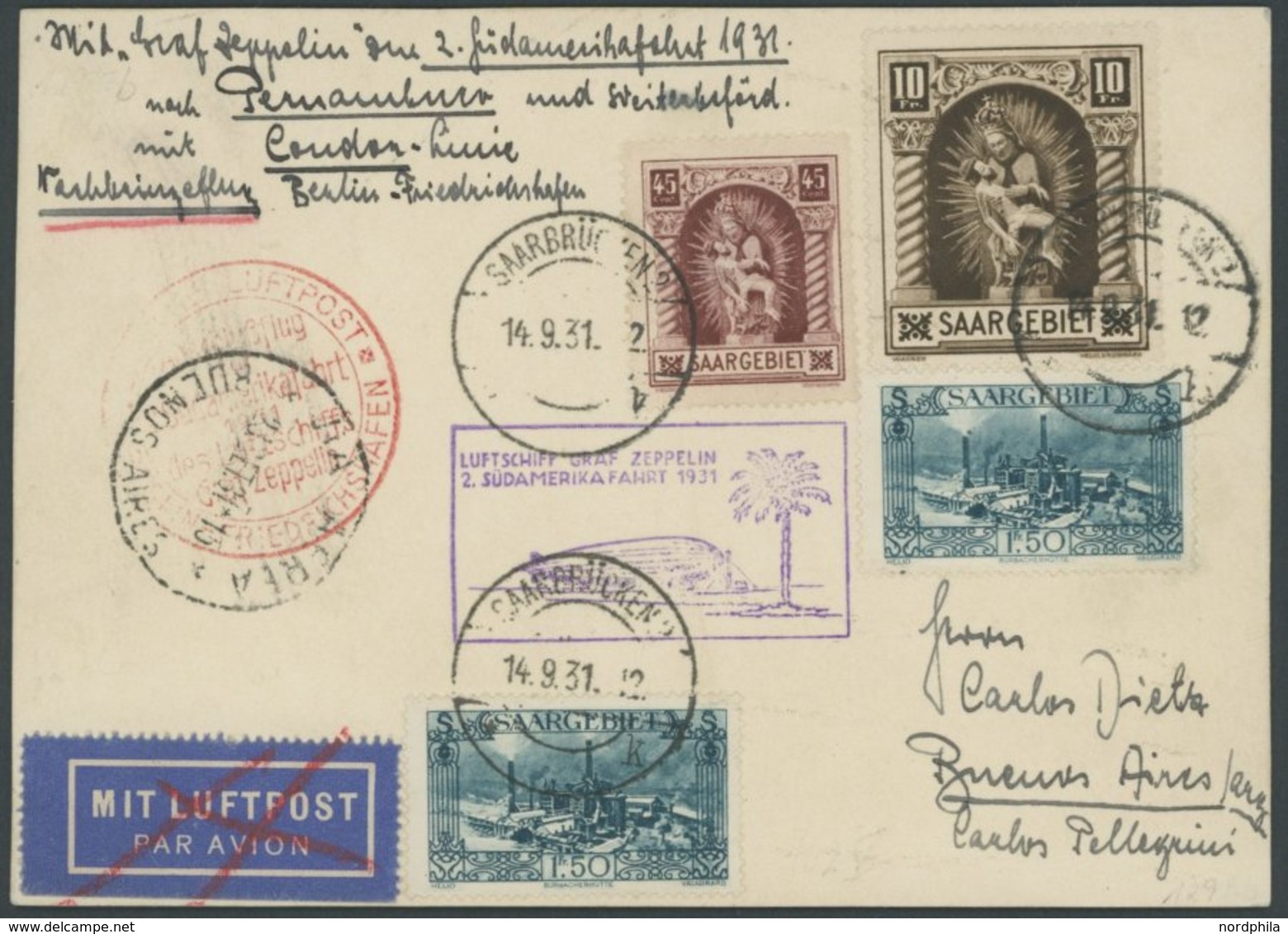 ZULEITUNGSPOST 129Eb BRIEF, Saargebiet: 1931, 2. Südamerikafahrt, Anschlussflug Ab Berlin, Prachtkarte - Poste Aérienne & Zeppelin