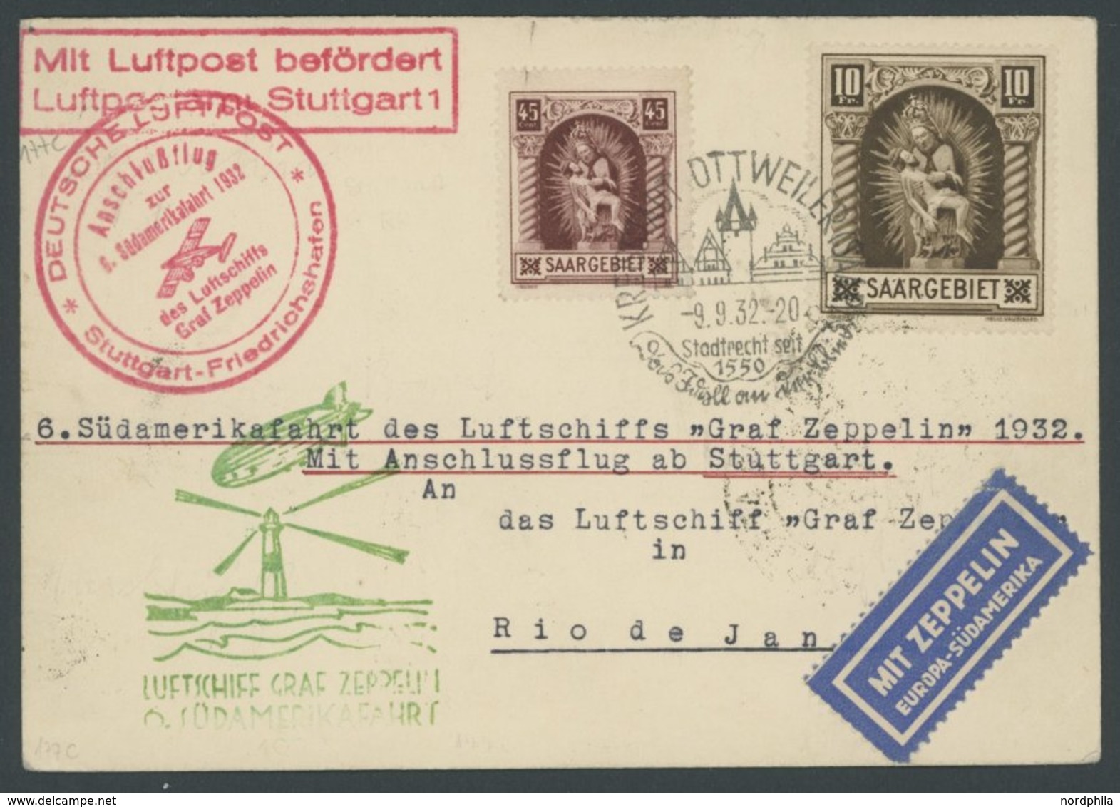 ZULEITUNGSPOST 177C BRIEF, Saargebiet: 1932, 6. Südamerikafahrt, Anschlussflug Ab Stuttgart!, U.a. Frankiert Mit Mi.Nr.  - Poste Aérienne & Zeppelin