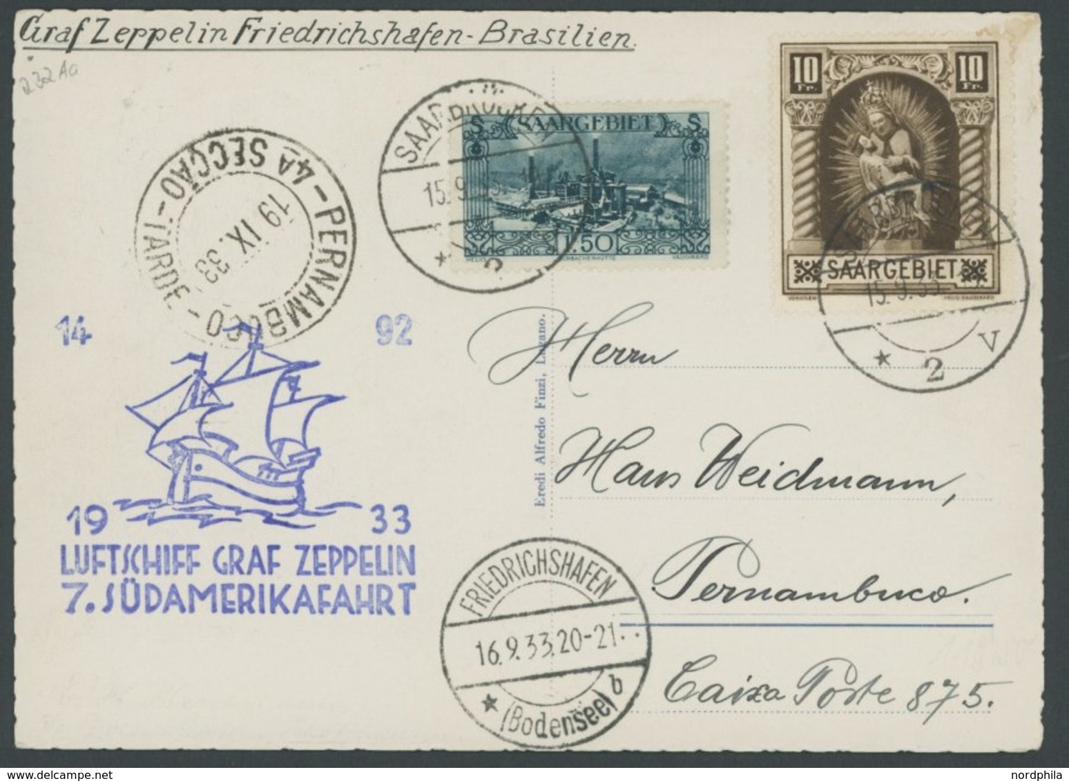 ZULEITUNGSPOST 232Aa BRIEF, Saargebiet: 1933, 7. Südamerikafahrt, Frankiert U.a. Mit Mi.Nr. 103, Prachtkarte - Poste Aérienne & Zeppelin