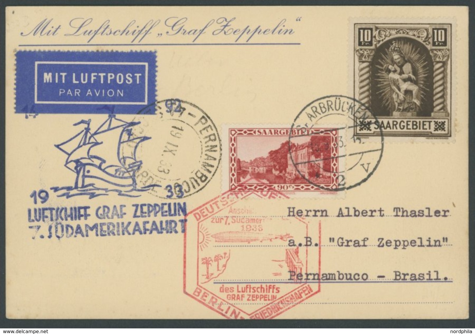 ZULEITUNGSPOST 232B BRIEF, Saargebiet: 1933, 7. Südamerikafahrt, Anschlussflug Ab Berlin, Frankiert U.a. Mit Mi.Nr. 103, - Poste Aérienne & Zeppelin