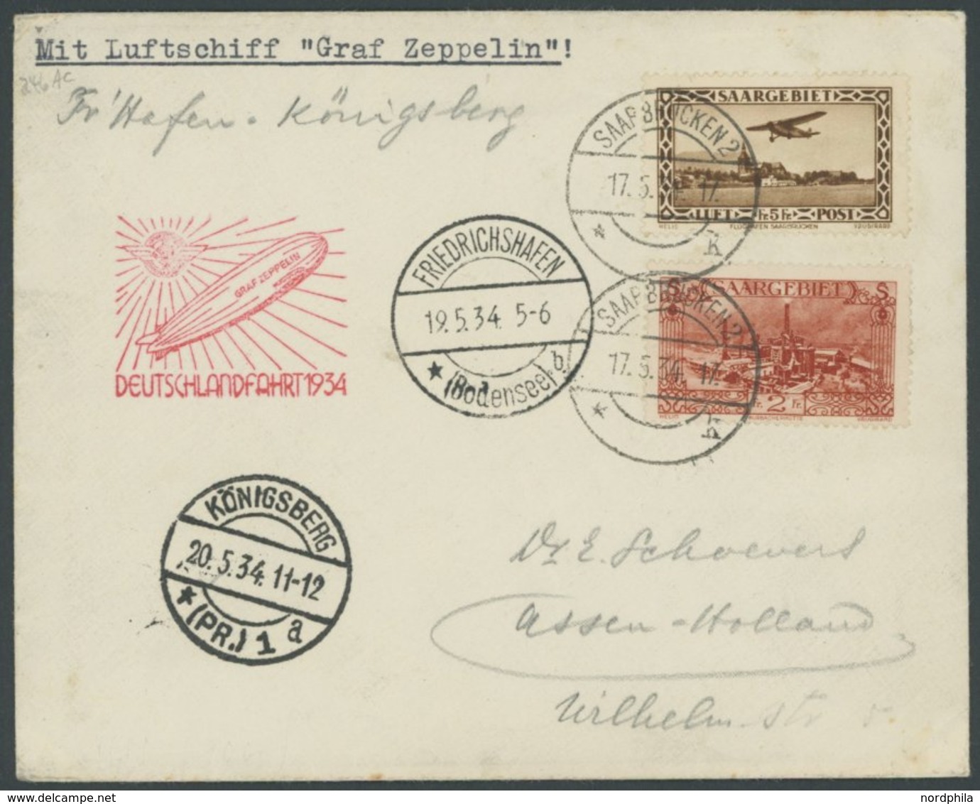 Saargebiet: 1934, Deutschlandfahrt, Friedrichshafen-Königsberg, Prachtbrief -> Automatically Generated Translation: Saar - Poste Aérienne & Zeppelin