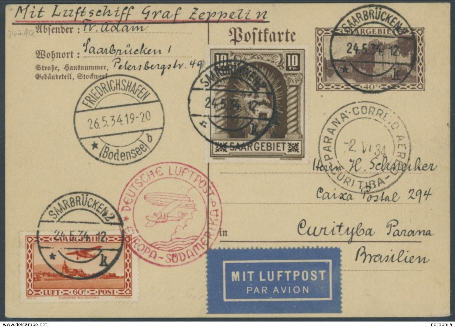 Saargebiet: 1934, 1. Südamerikafahrt, Stempel B, 40 Pf. Ganzsachenkarte Mit Zusatzfrankatur U.a. Mi.Nr. 103, Prachtkarte - Poste Aérienne & Zeppelin