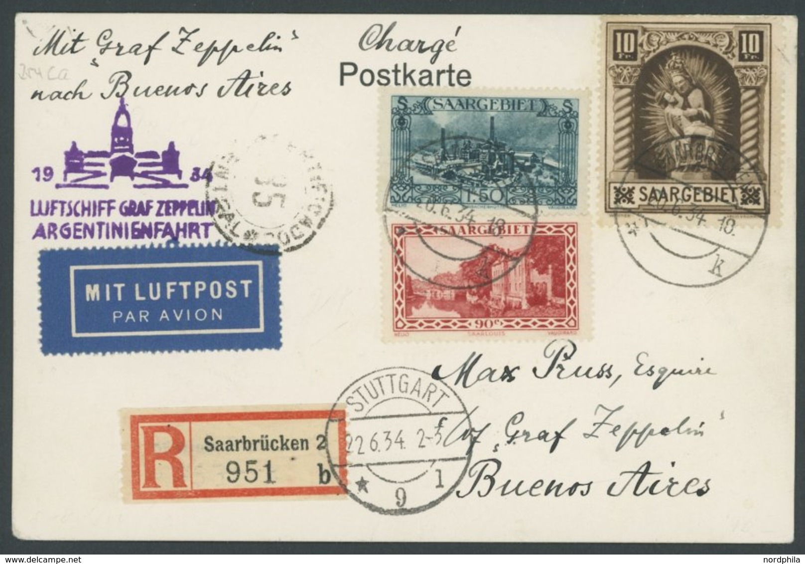 ZULEITUNGSPOST 254Ca BRIEF, Saargebiet: 1934 3. Südamerikafahrt, Anschlussflug Ab Stuttgart, Frankiert U.a. Mit Mi.Nr. 1 - Airmail & Zeppelin