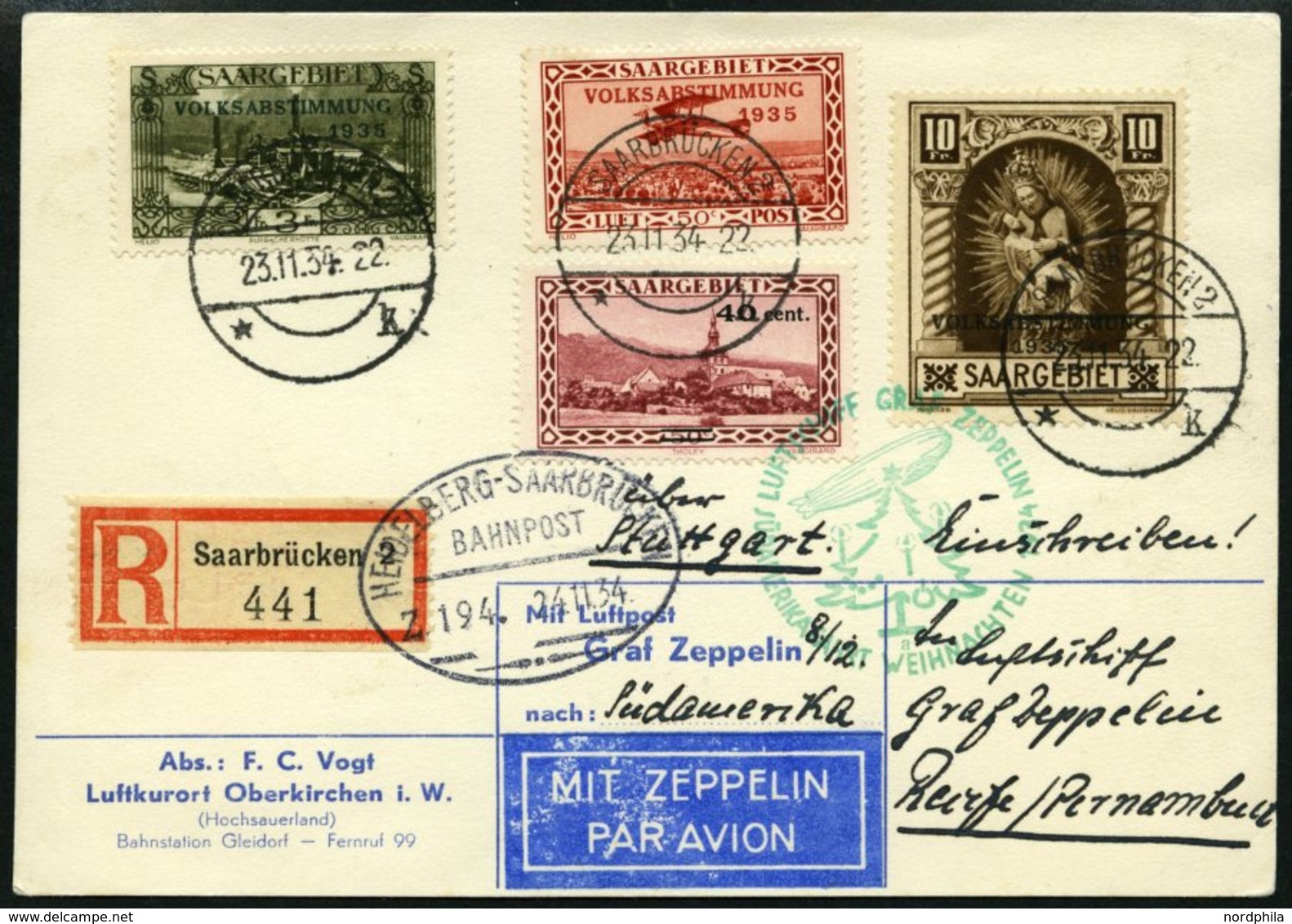 ZULEITUNGSPOST 286A BRIEF, Saargebiet: 1934, Weihnachtsfahrt, Auflieferung Fr`hafen, Einschreibkarte Mit Guter Frankatur - Poste Aérienne & Zeppelin