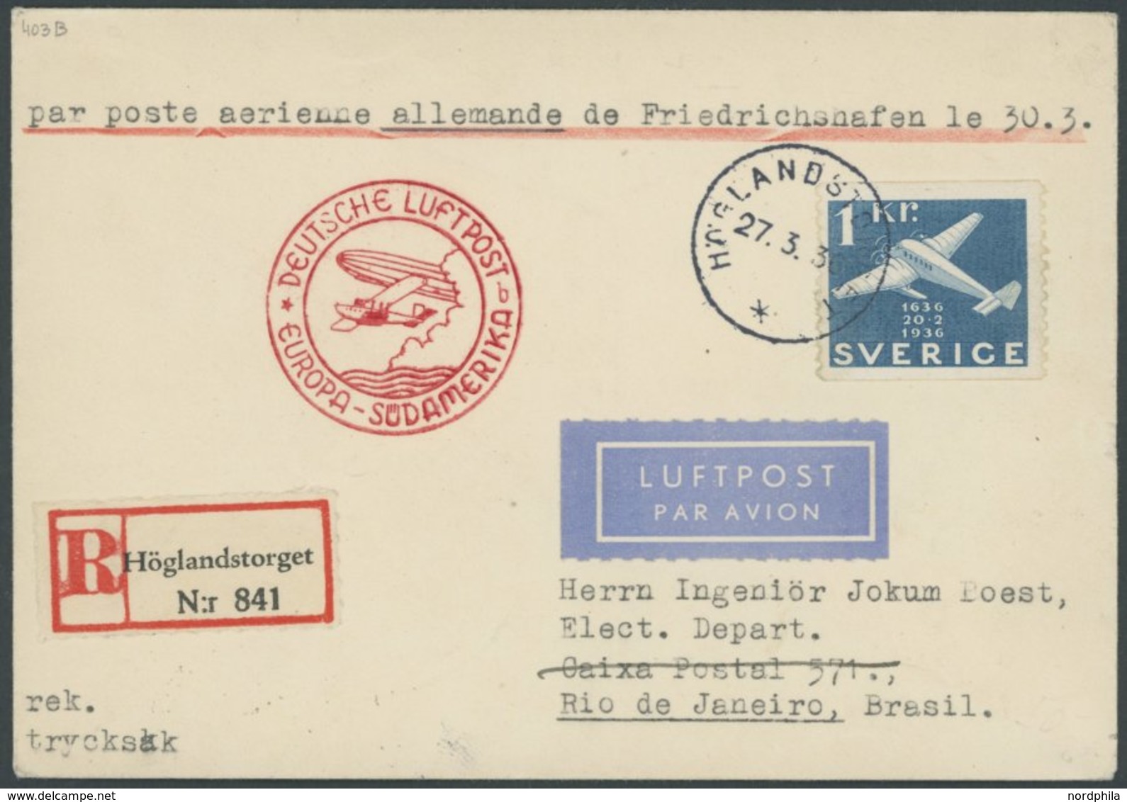 Schweden: 1936, 1. Südamerikafahrt, Aufgabe Höglandstorget, Einschreibbrief, Pracht -> Automatically Generated Translati - Poste Aérienne & Zeppelin